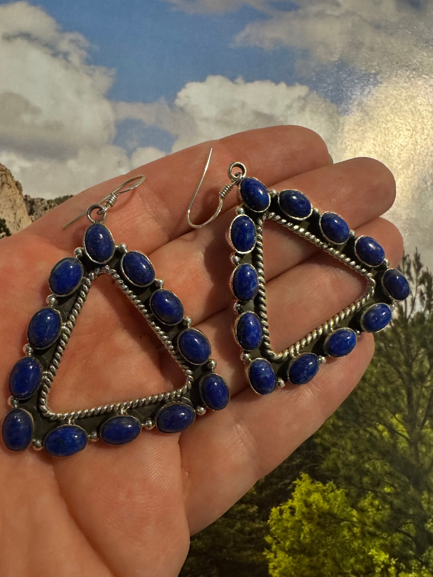 Beautiful Handmade Lapis Triangle Wire Dangle Earrings By Dan Dodson
