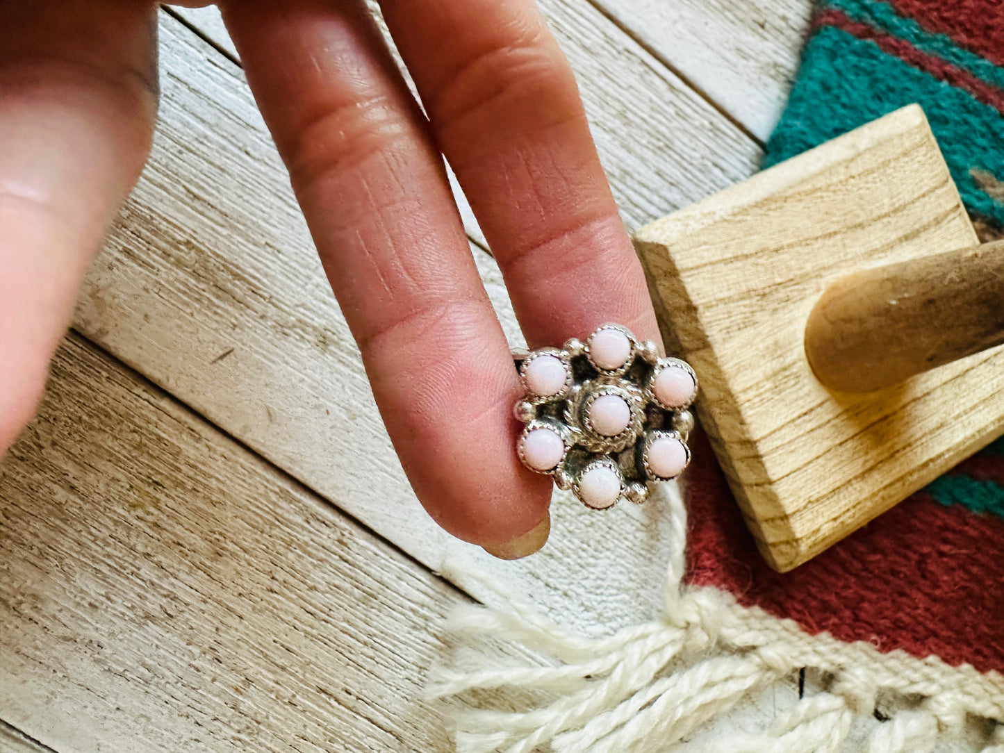 Handcrafted Sterling Silver & Queen Pink Conch Cluster Adjustable Ring