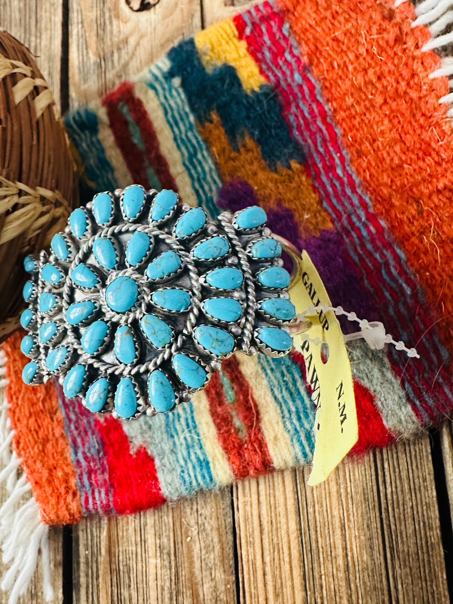 Handcrafted Old Pawn Sterling Silver & Turquoise Cluster Cuff Bracelet