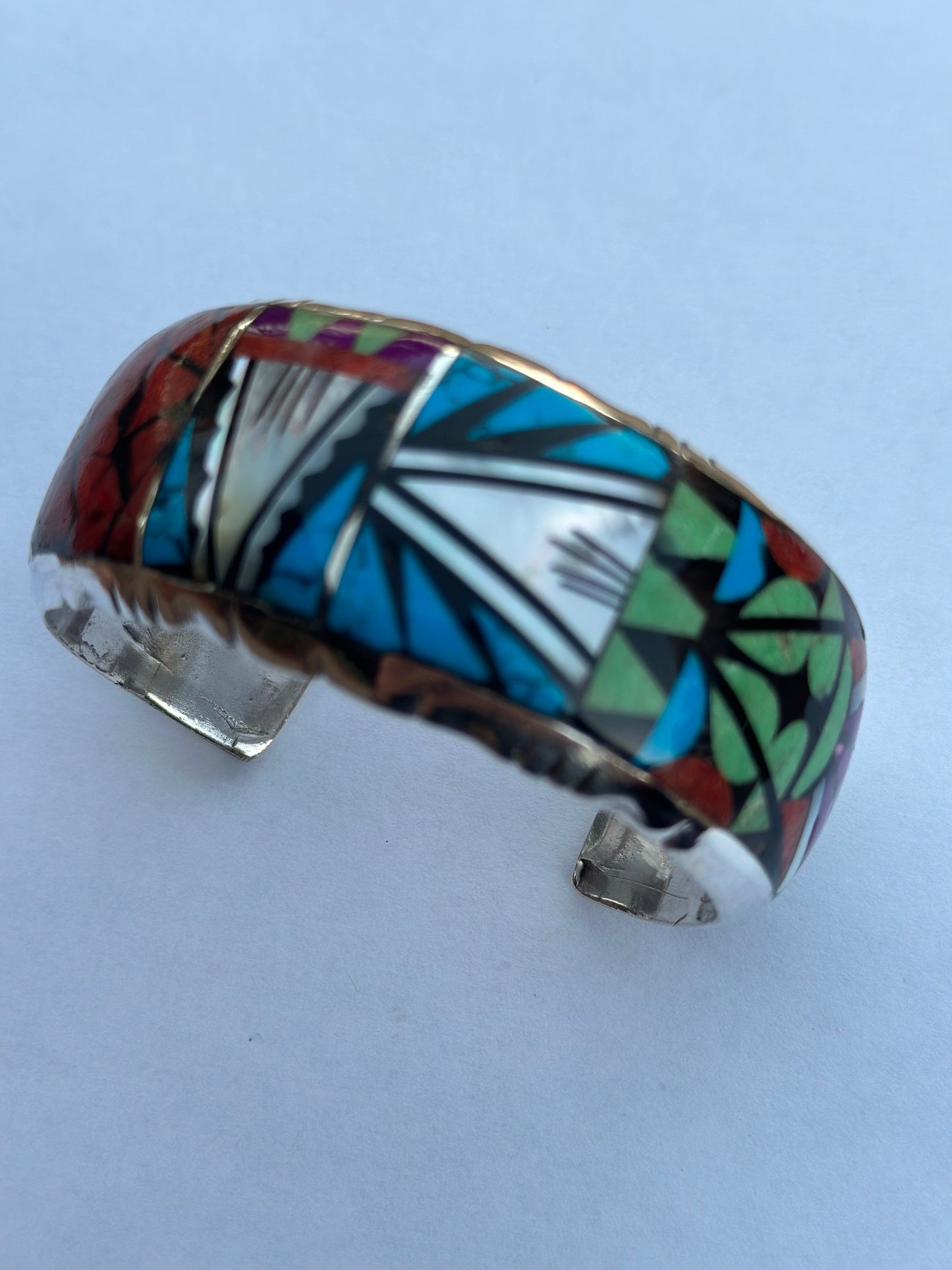 Handmade Sterling Silver Multi Stone Mosaic  Inlay Cuff