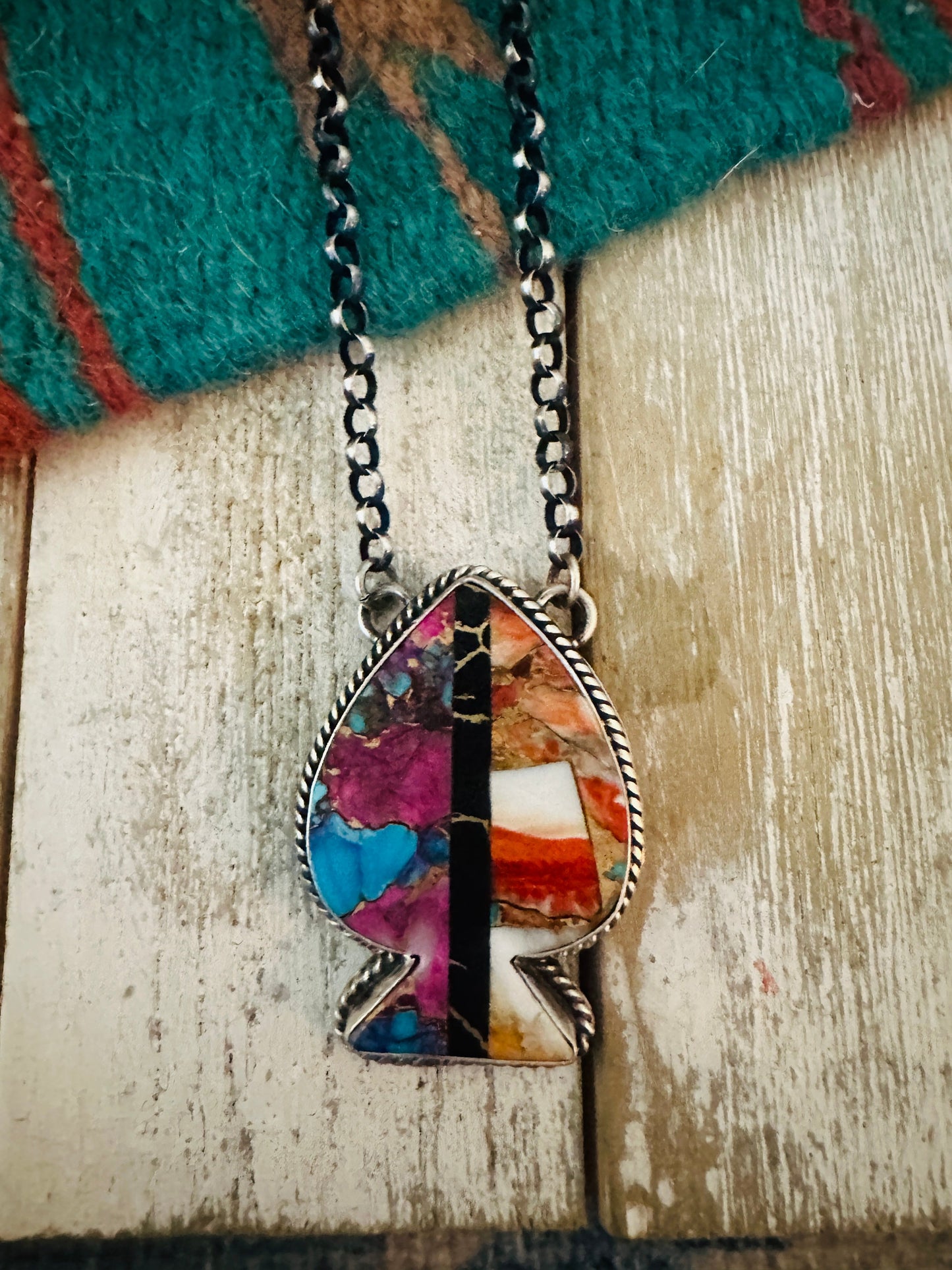 Handcrafted Sterling Silver & Multi Stone Inlay Spade Necklace