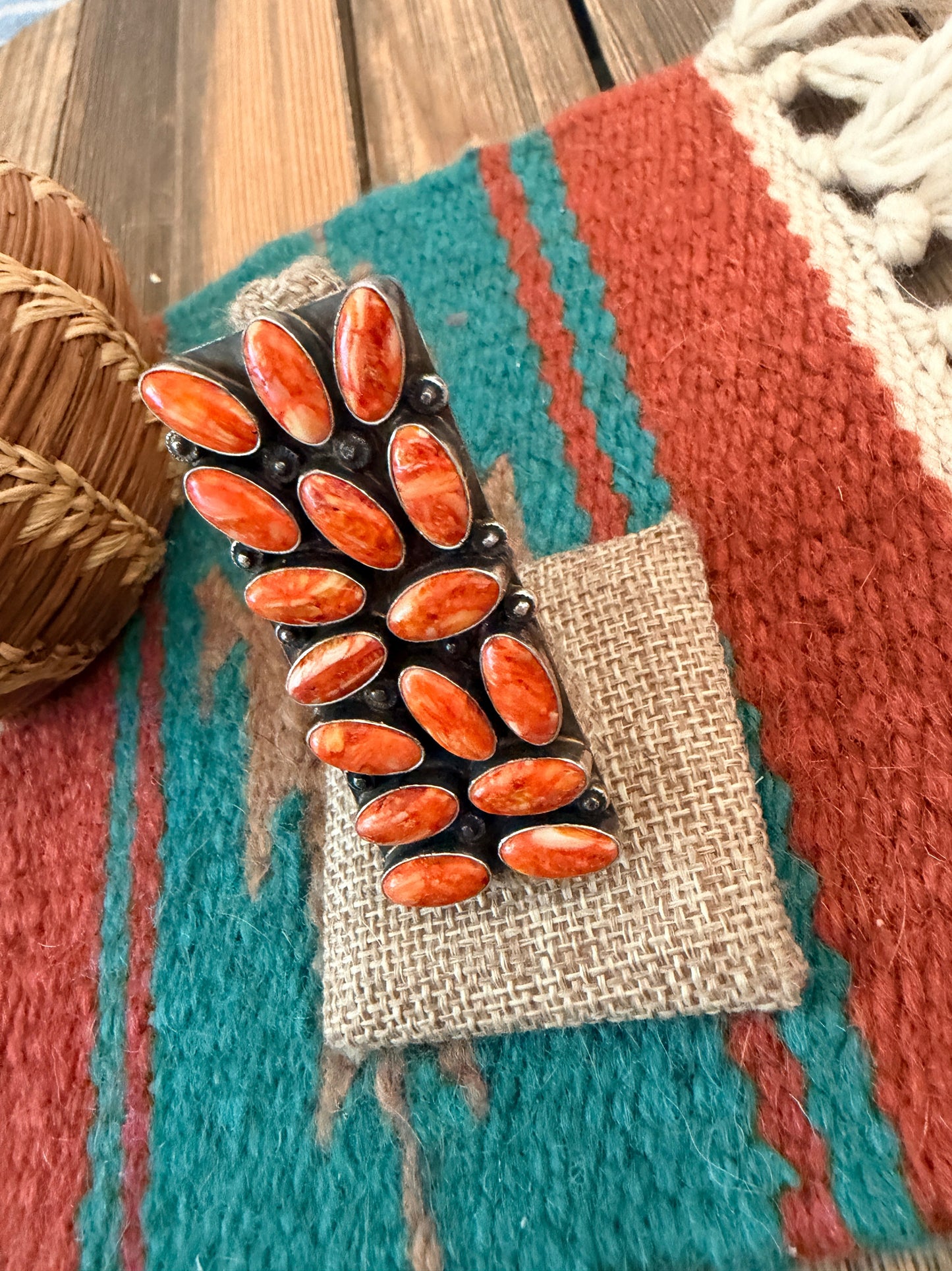 Handcrafted Orange Spiny Oyster & Sterling Silver Cluster Adjustable Ring by Jacqueline Silver
