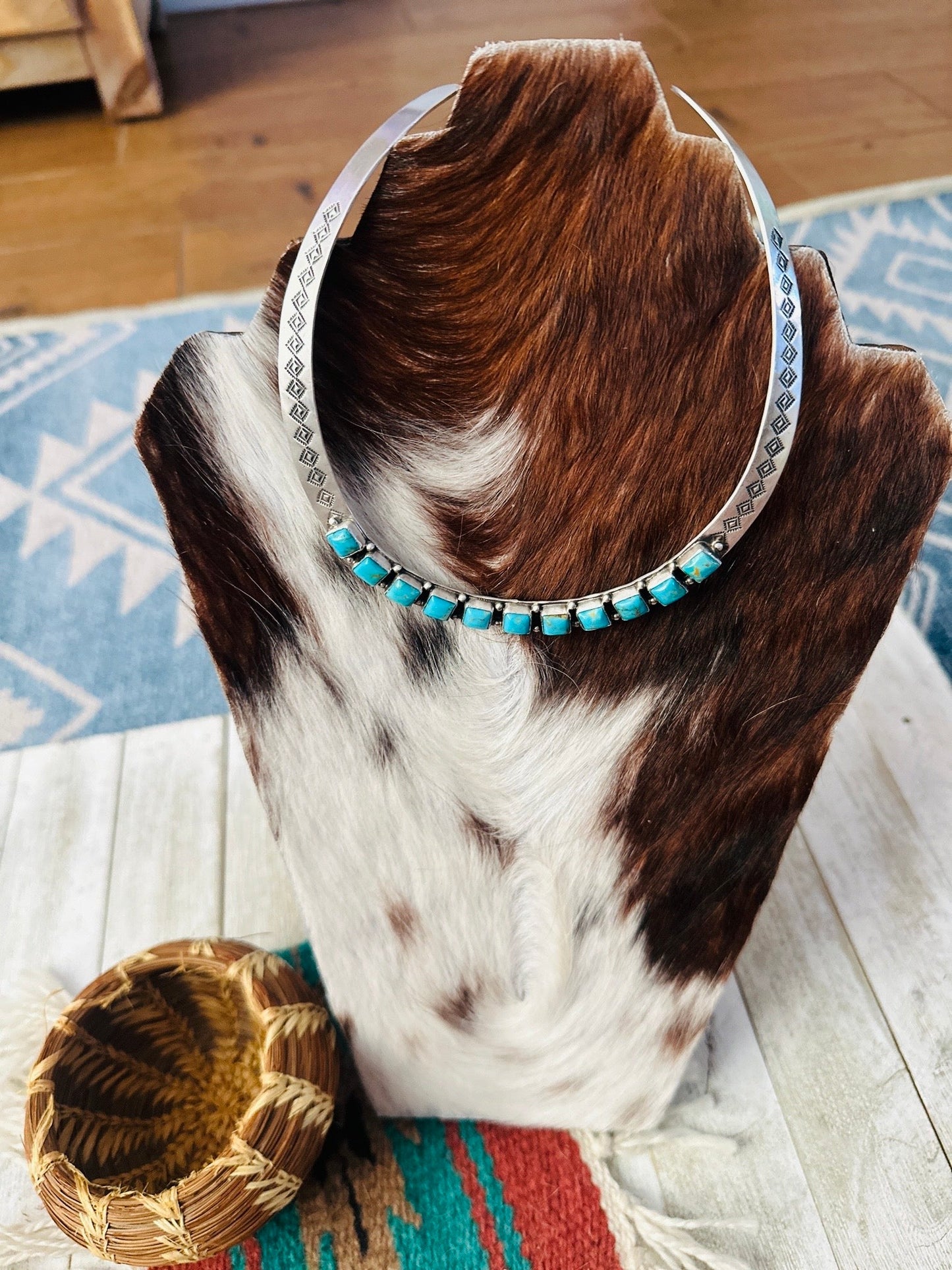 Handcrafted Turquoise & Sterling Silver Choker Collar Necklace by Leroy James
