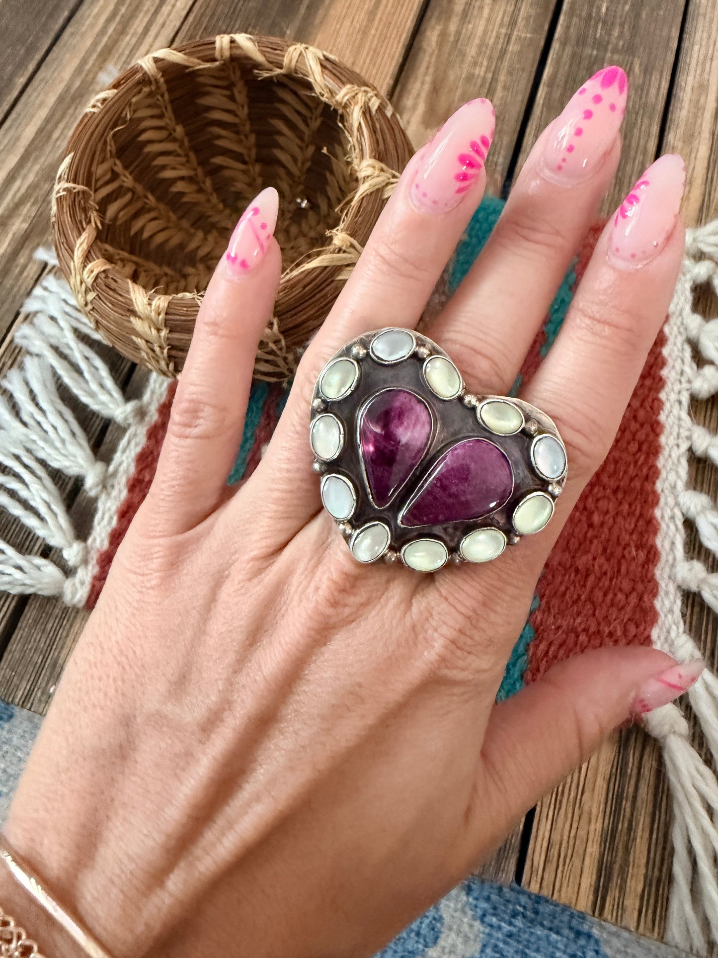 Handcrafted Spiny Oyster, Mother of Pearl & Sterling Silver Adjustable Heart Ring by Jacqueline Silver