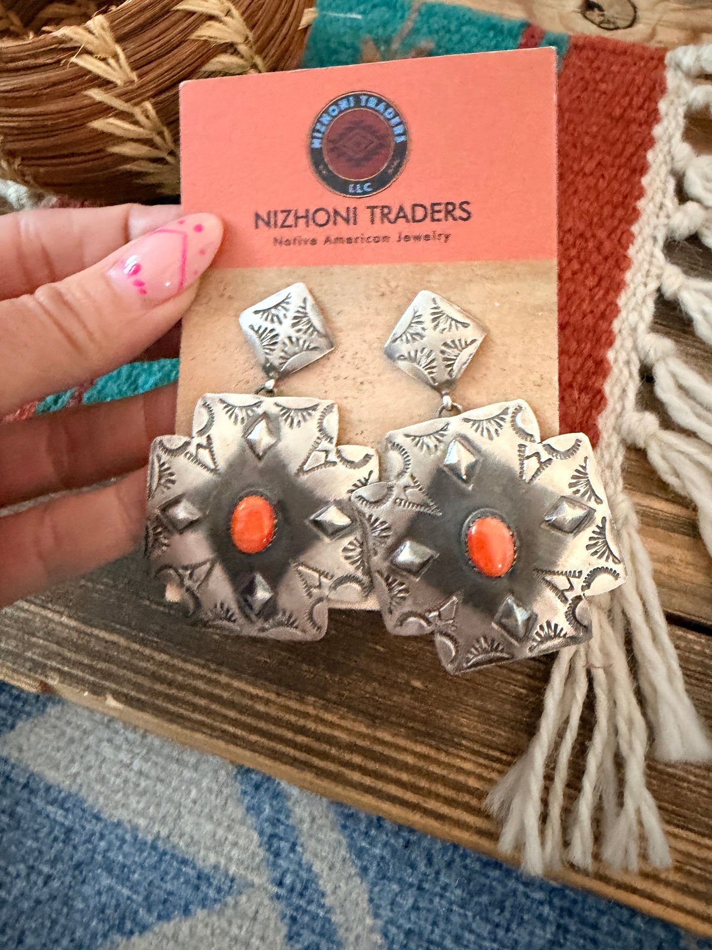 Handcrafted Orange Spiny Oyster & Sterling Silver Concho Dangle Earrings