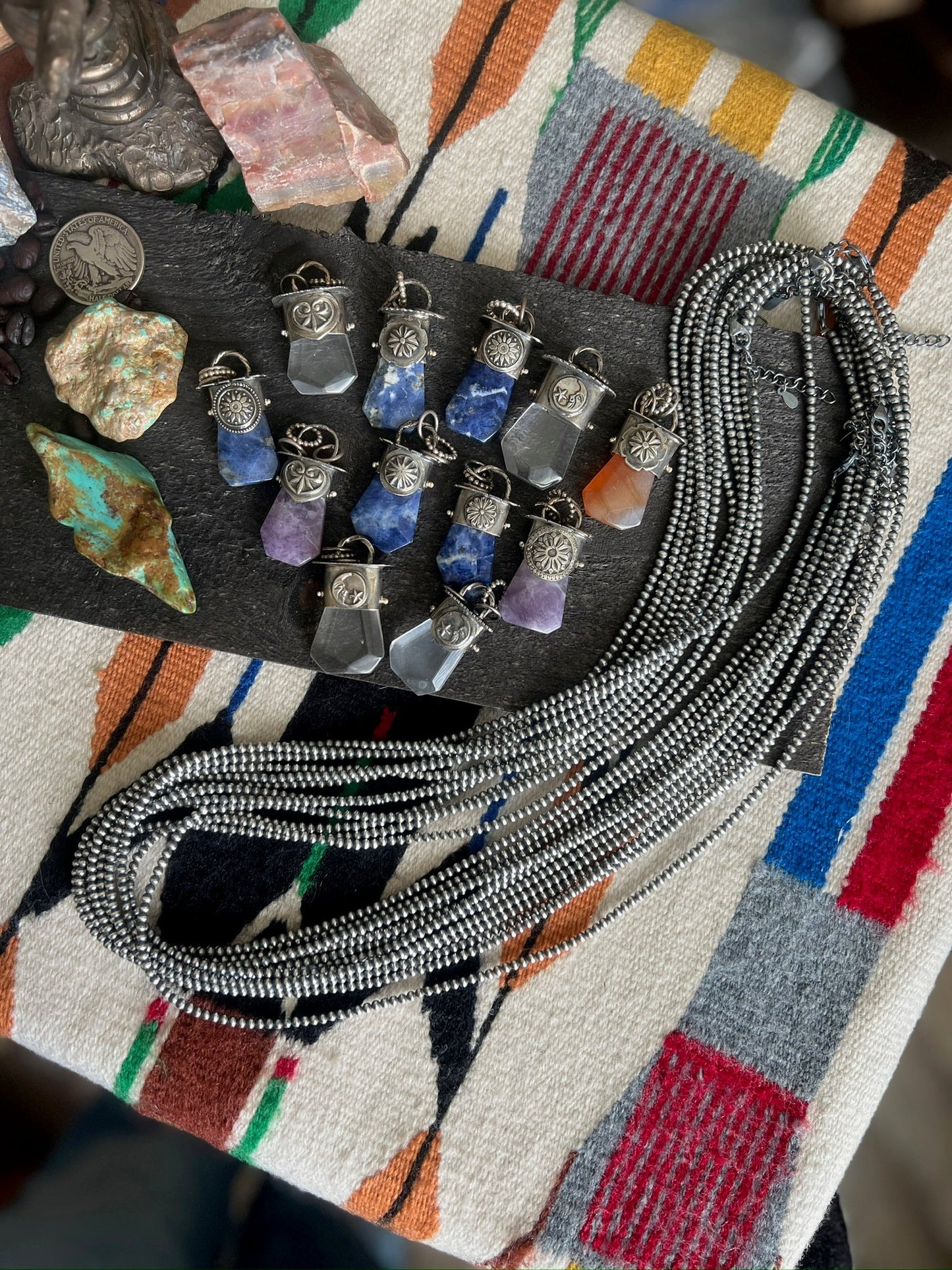 Sterling Silver Gem Collector 30” + 2” Beaded Necklace w/ Tularosa Quartz & Moon Pendant 2