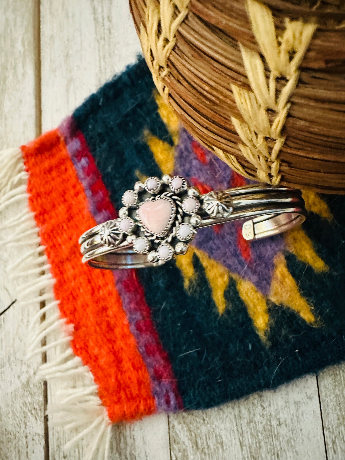 Handcrafted Queen Pink Conch Shell & Sterling Silver Heart Cuff Bracelet