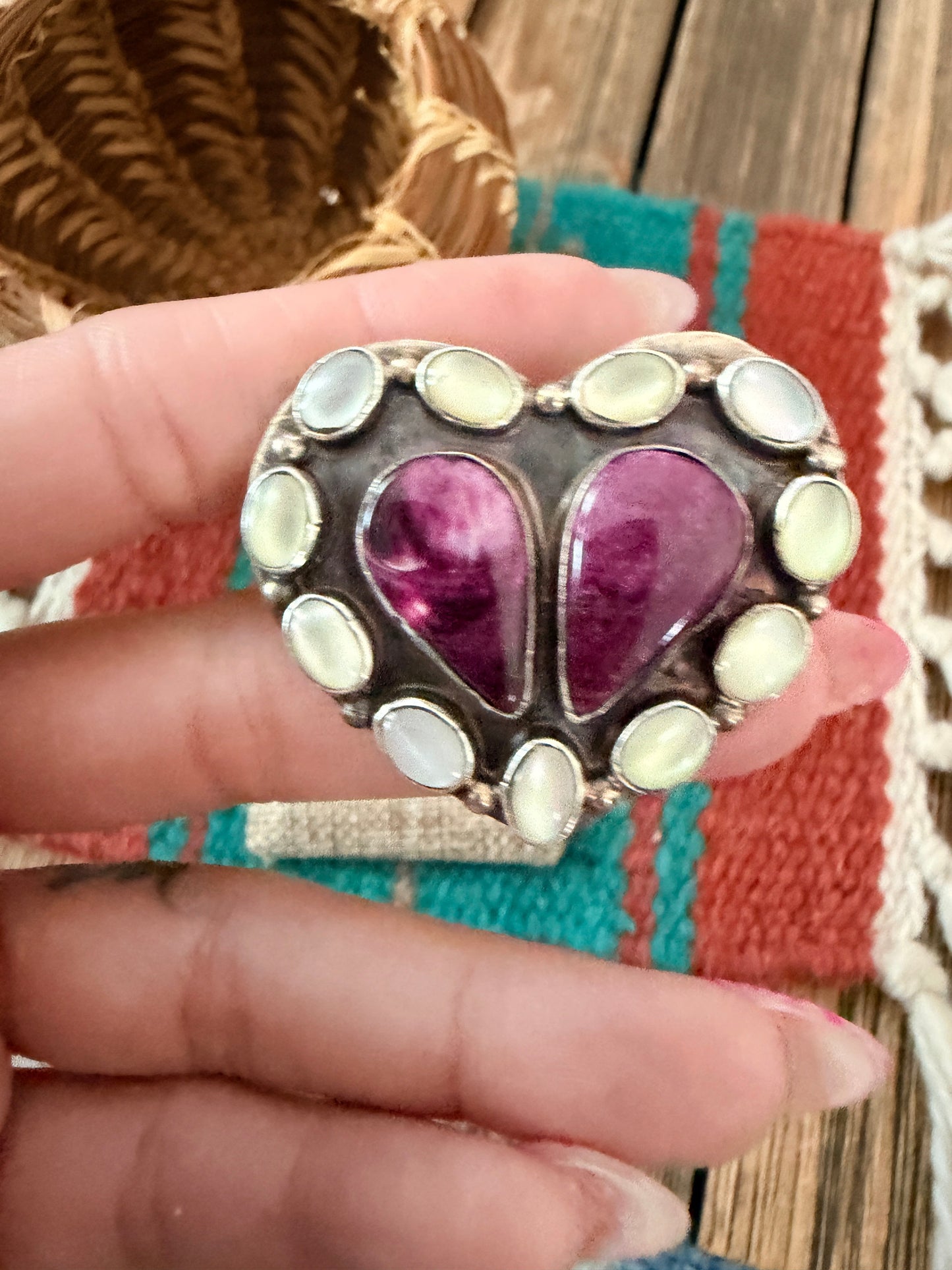 Handcrafted Spiny Oyster, Mother of Pearl & Sterling Silver Adjustable Heart Ring by Jacqueline Silver