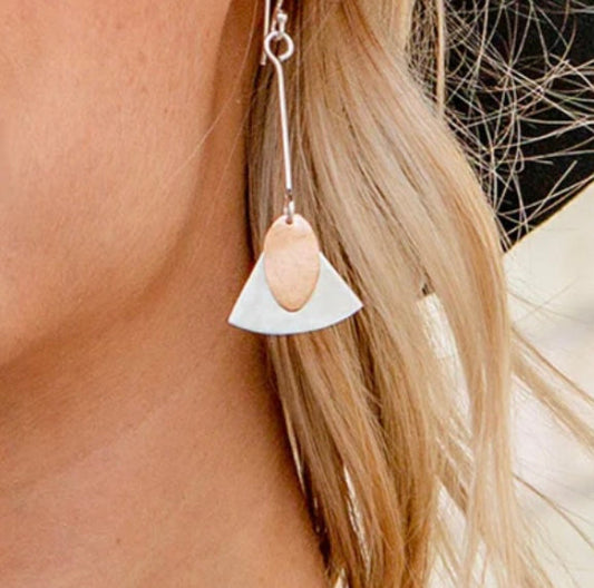 Scoured Copper & Sterling Silver Shaped Drop Earrings