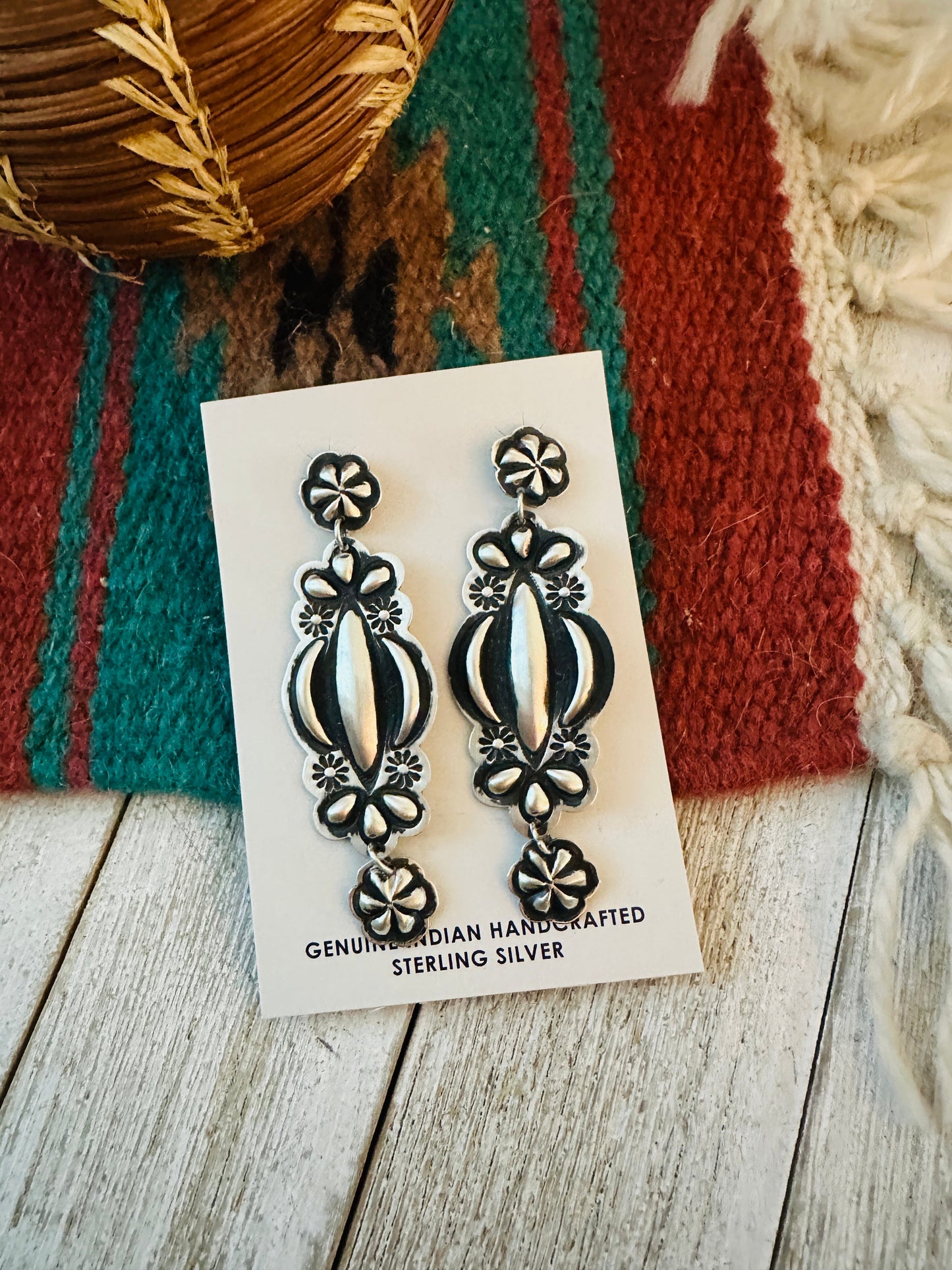 Handcrafted Hand Stamped Sterling Silver Concho Dangle Earrings by Leander Tahe
