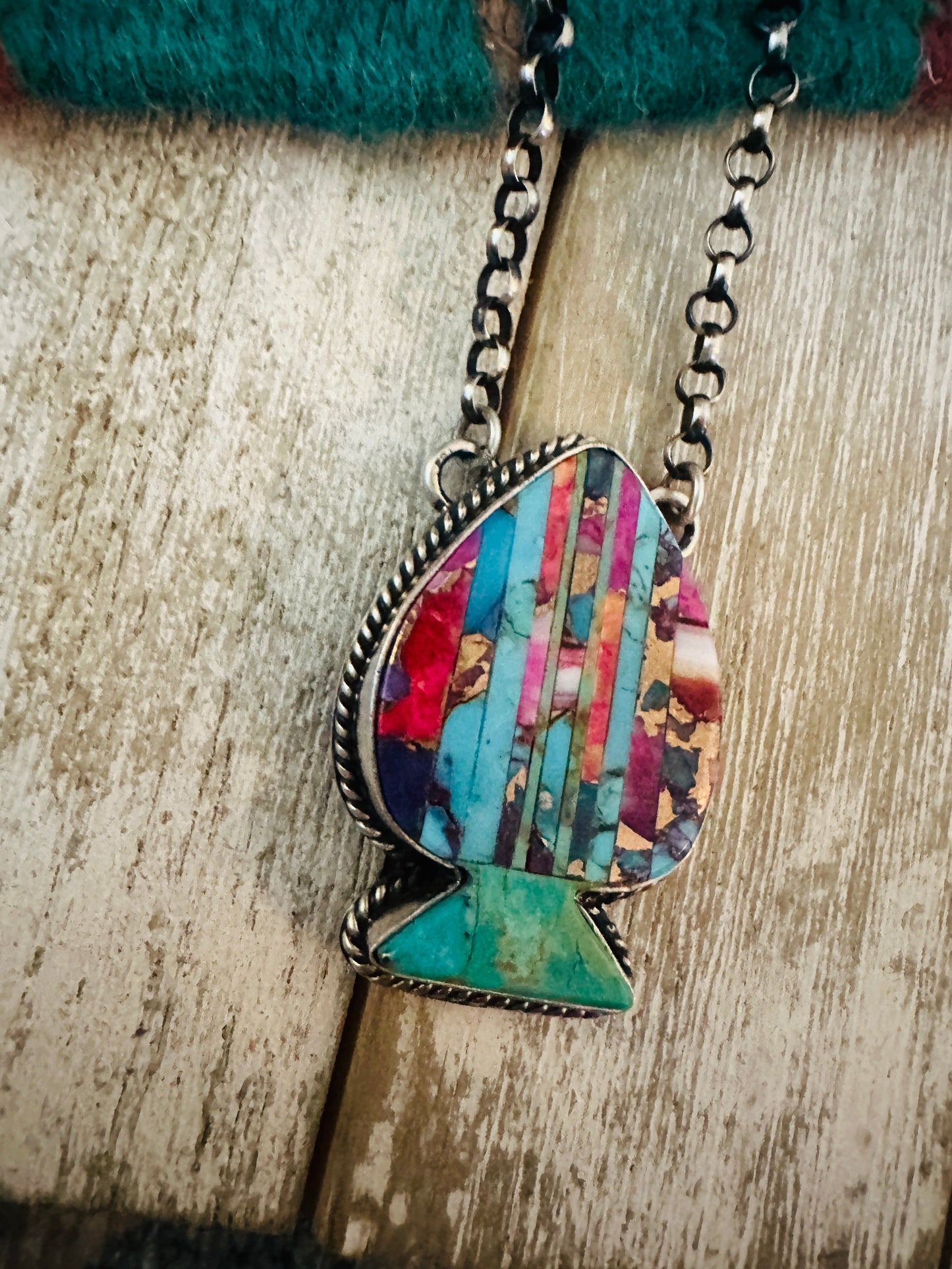Handcrafted Sterling Silver & Multi Stone Inlay Spade Necklace