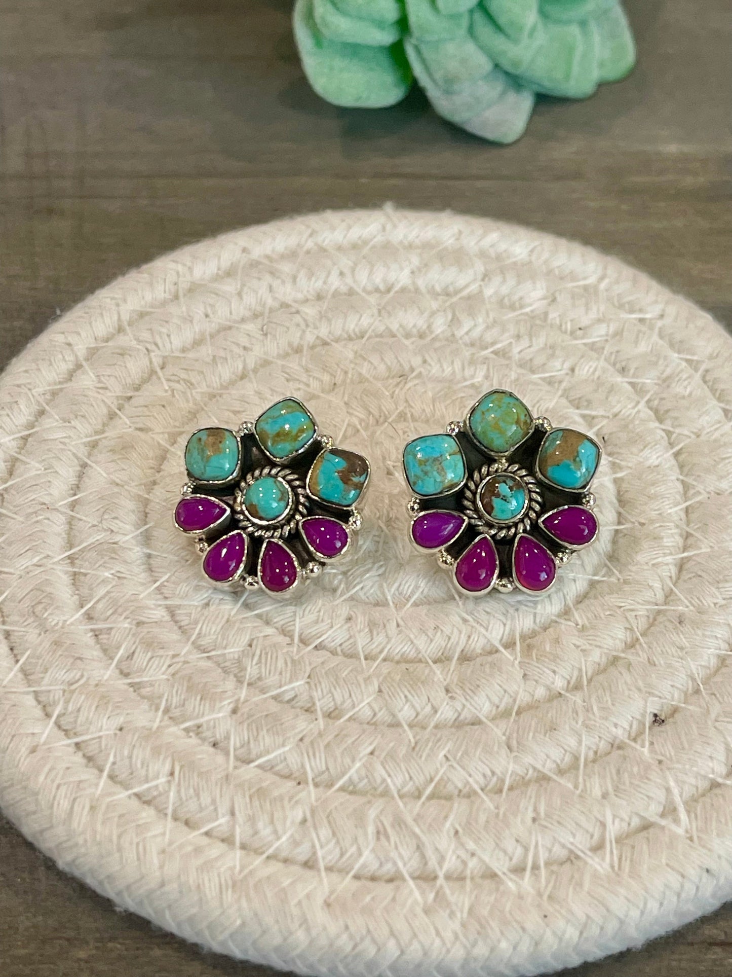 Handmade Sterling Silver, Pink Onyx and Turquoise Post Cluster Earrings