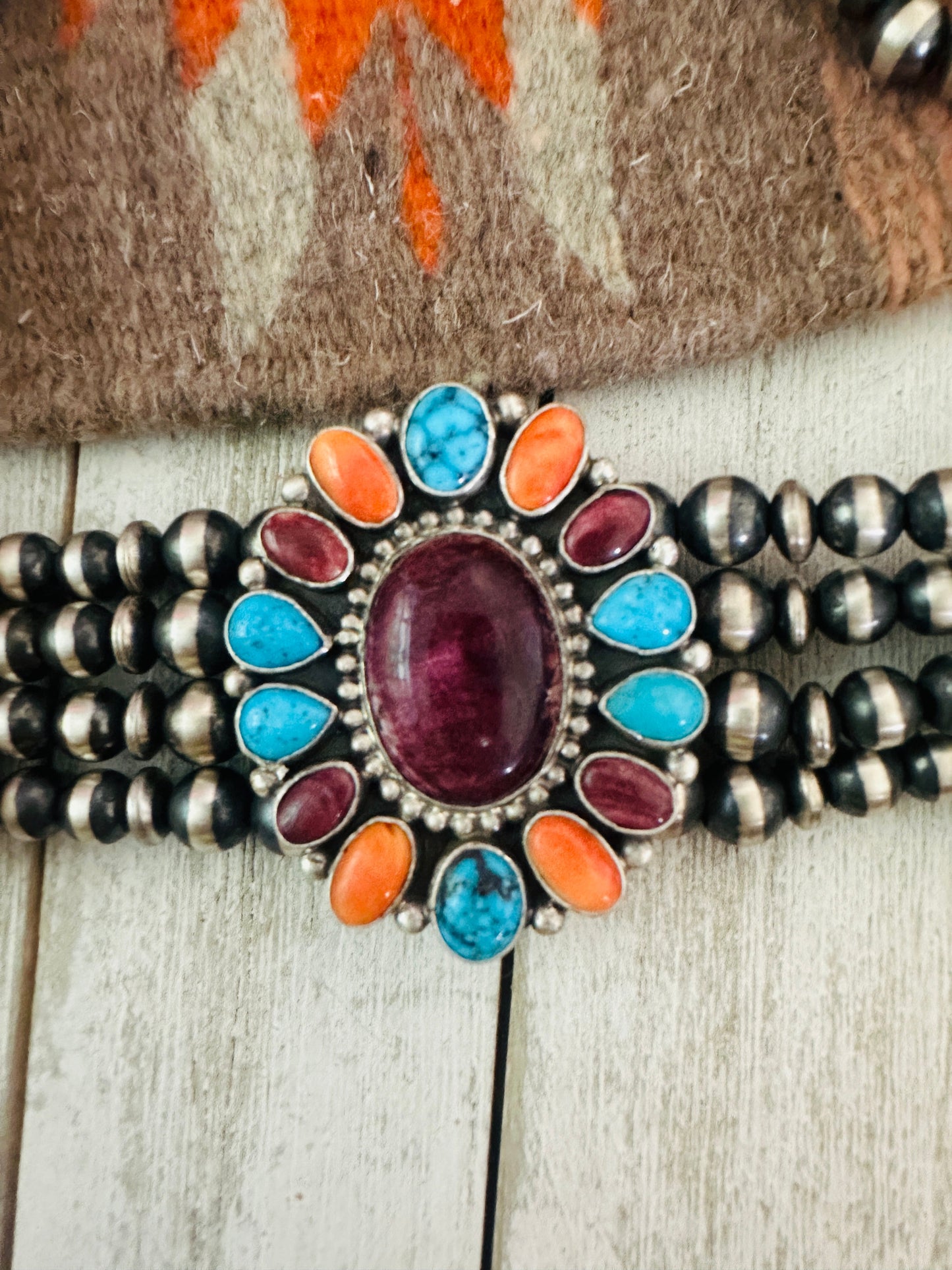 Navajo Spiny, Turquoise & Sterling Silver Beaded Choker Necklace