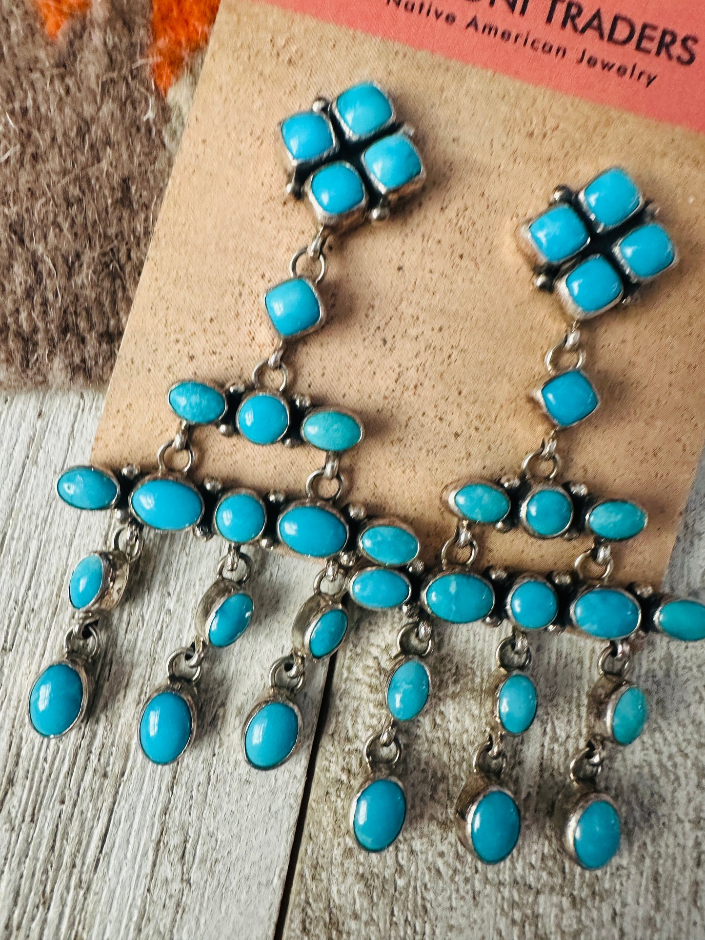 Handcrafted Sterling Silver & Turquoise Cluster Dangle Earrings