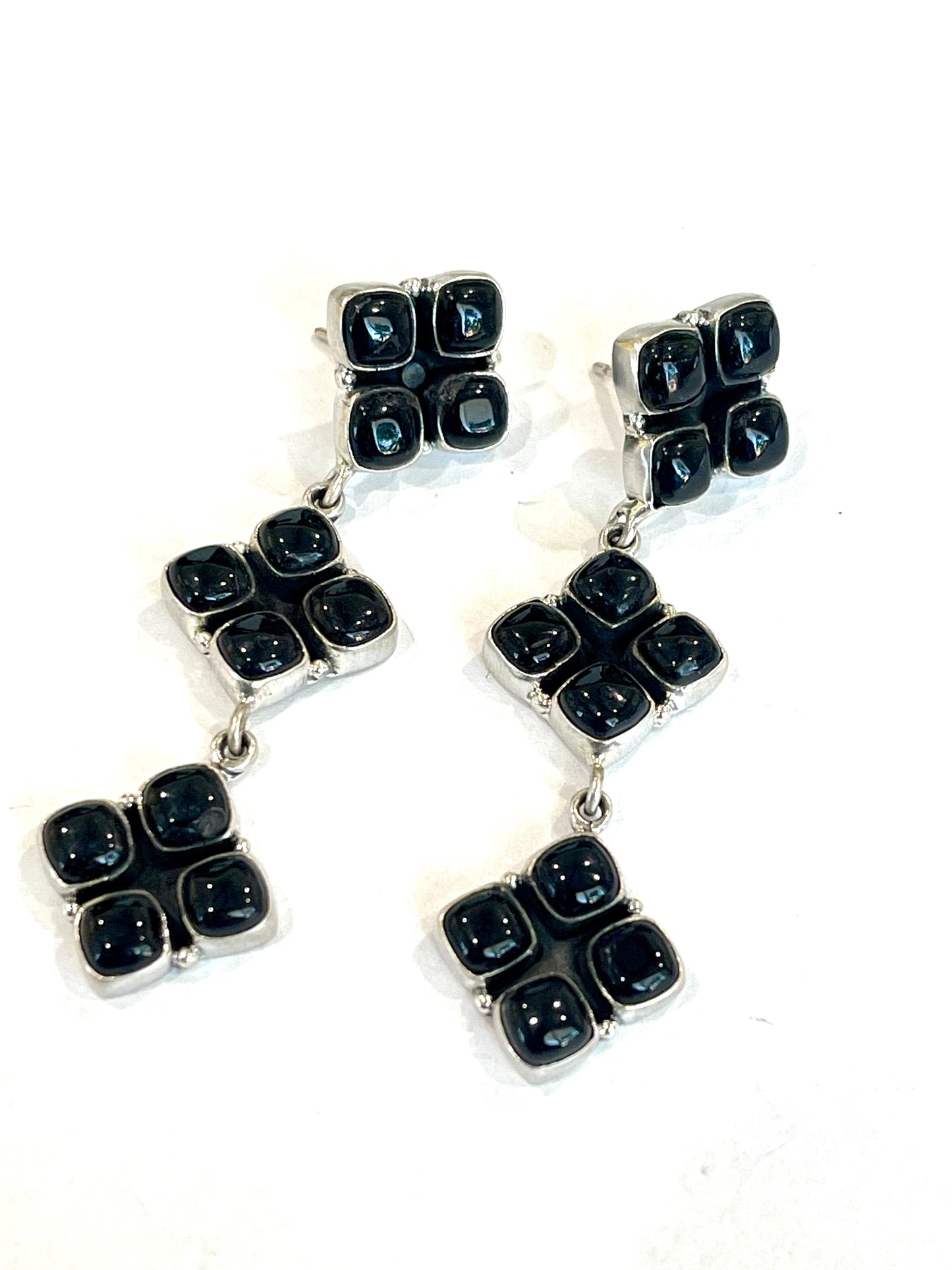 Handmade Onyx, & Sterling Silver Cluster Dangle Earrings Signed Nizhoni