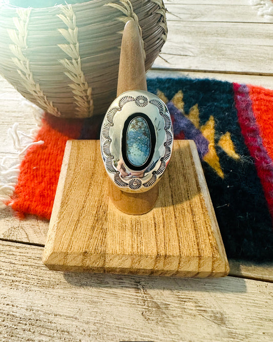 Handcrafted Golden Hills Turquoise & Sterling Silver Shadowbox Ring Size 8