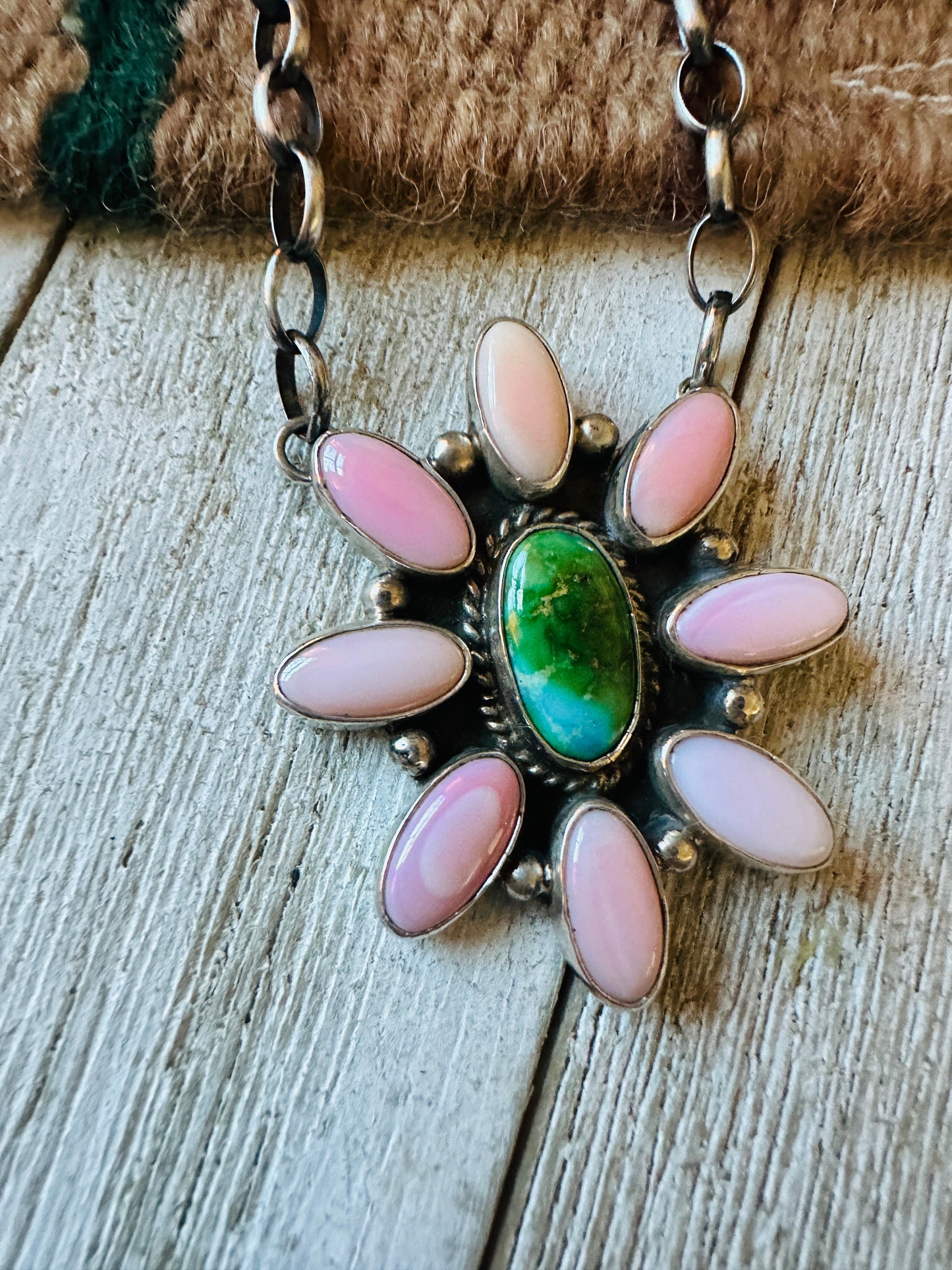 Handcrafted Sterling Silver, Queen Pink Conch Shell & Turquoise Necklace