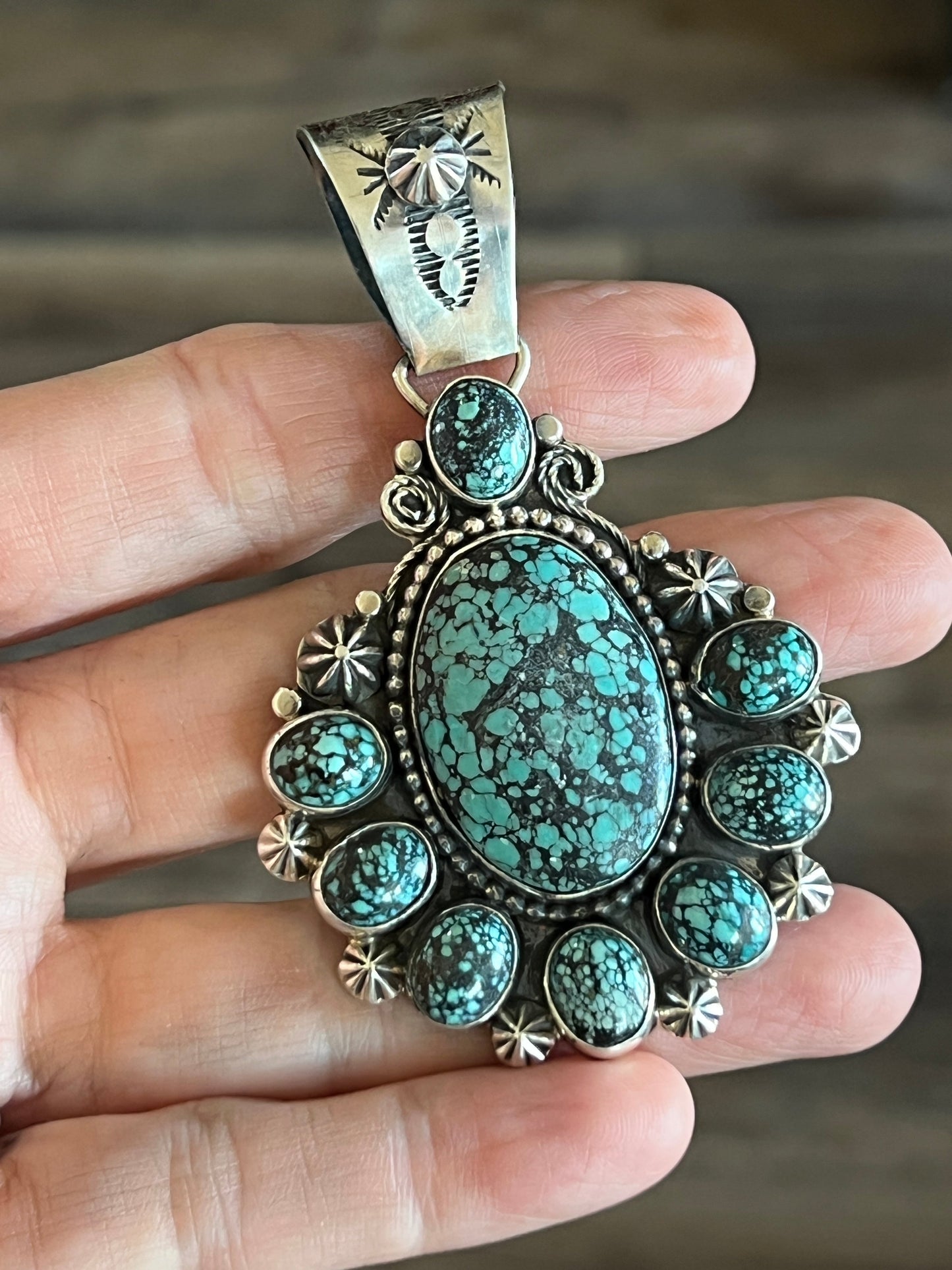 Apache Made Sterling Silver and Hubei Turquoise Cluster Pendant by Rosella Paxson