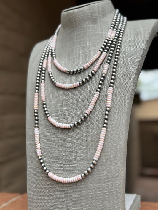 Handcrafted  Sterling Silver Pearl & Queen Pink Conch Beaded Necklace 6mm