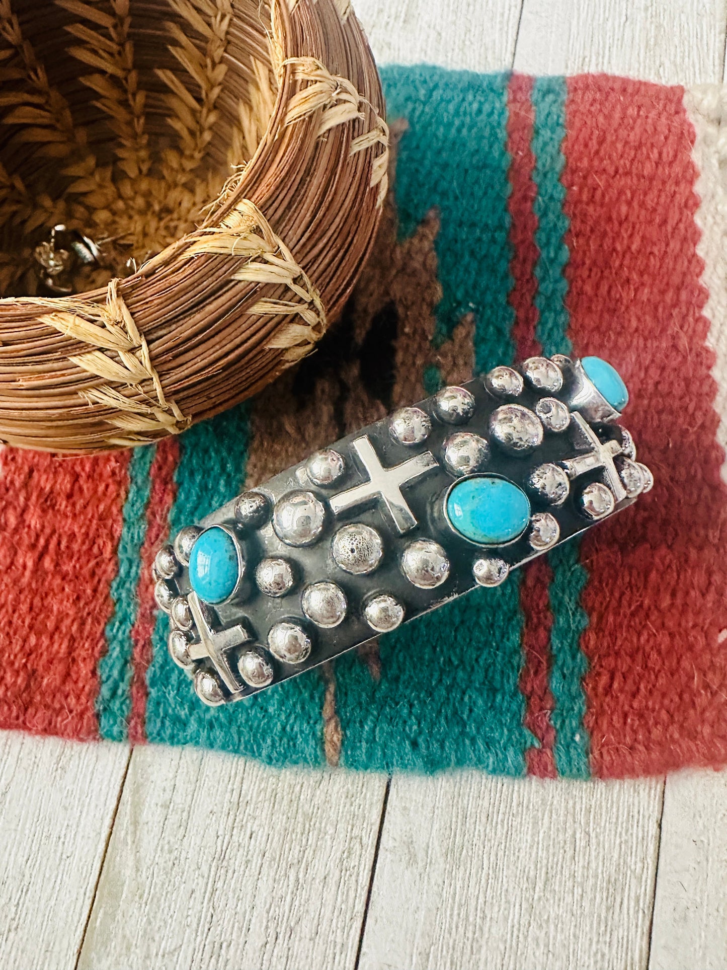 Navajo Turquoise & Sterling Silver Cross Cuff Bracelet By Chimney Butte