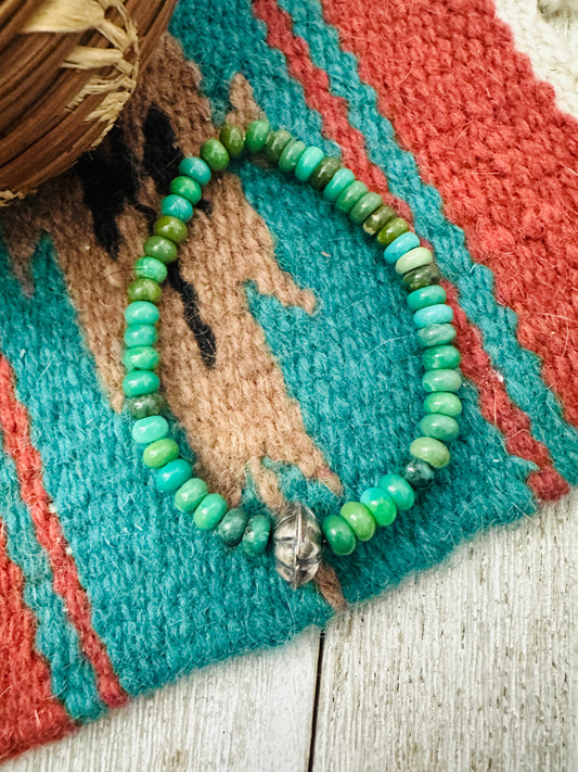 Handcrafted Turquoise & Sterling Silver Beaded Stretch Bracelet