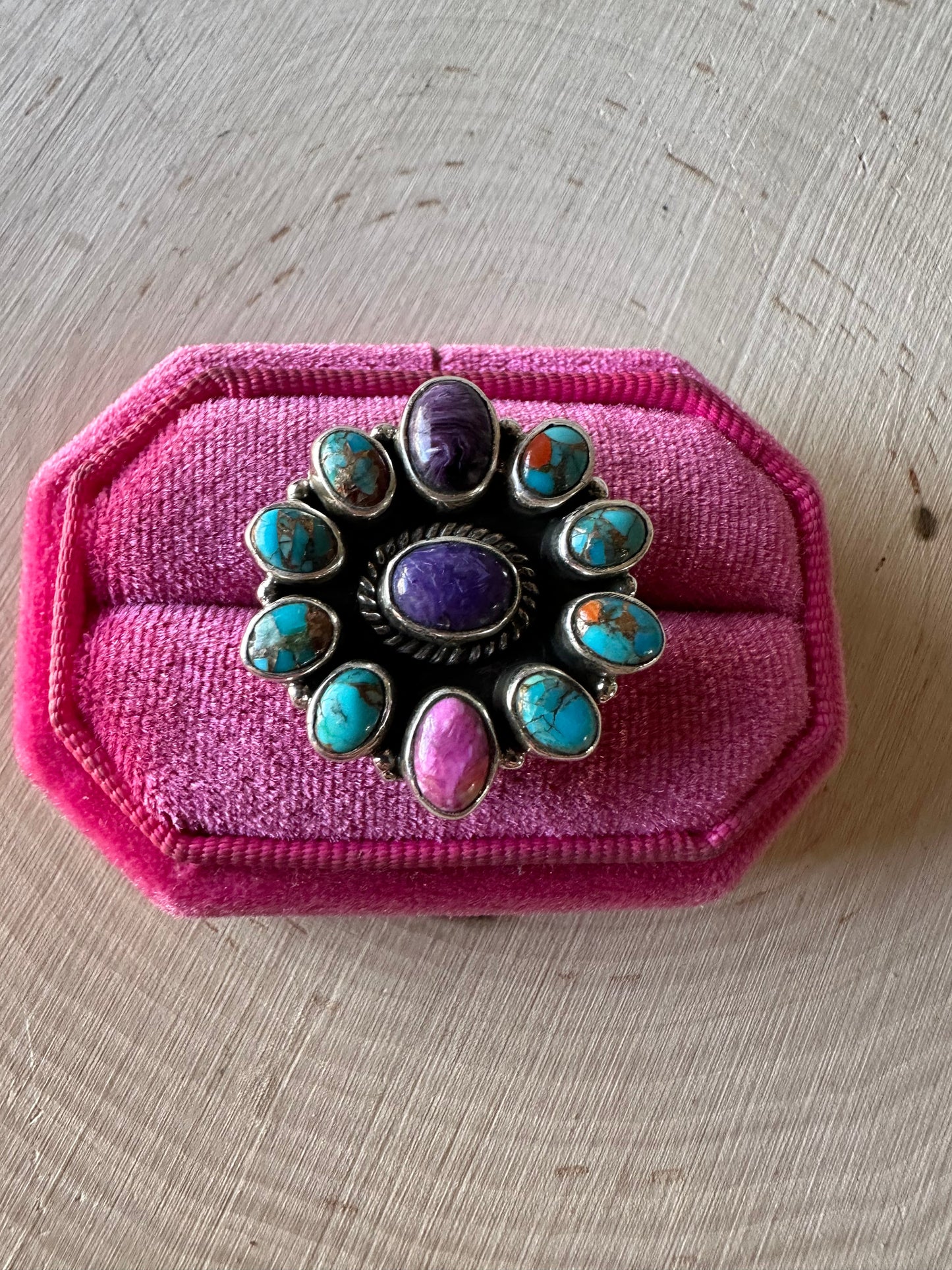 Handmade Coral Mojave, Pink Dream, Purple Spiny And Sterling Silver Adjustable Cluster Ring