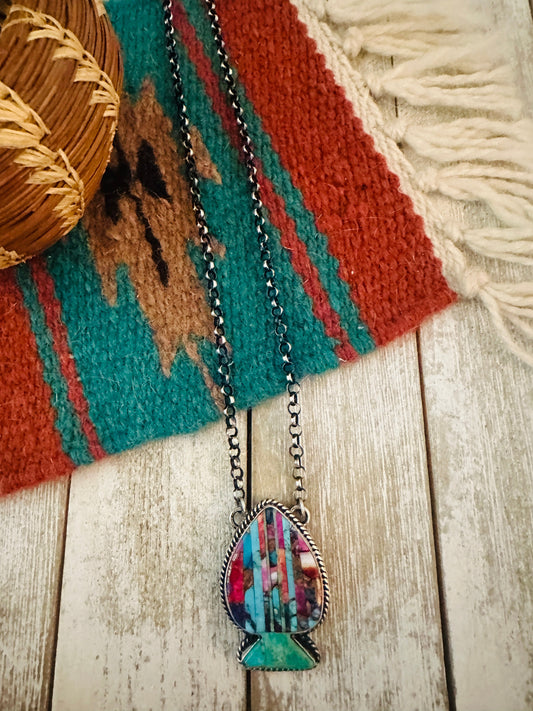 Handcrafted Sterling Silver & Multi Stone Inlay Spade Necklace