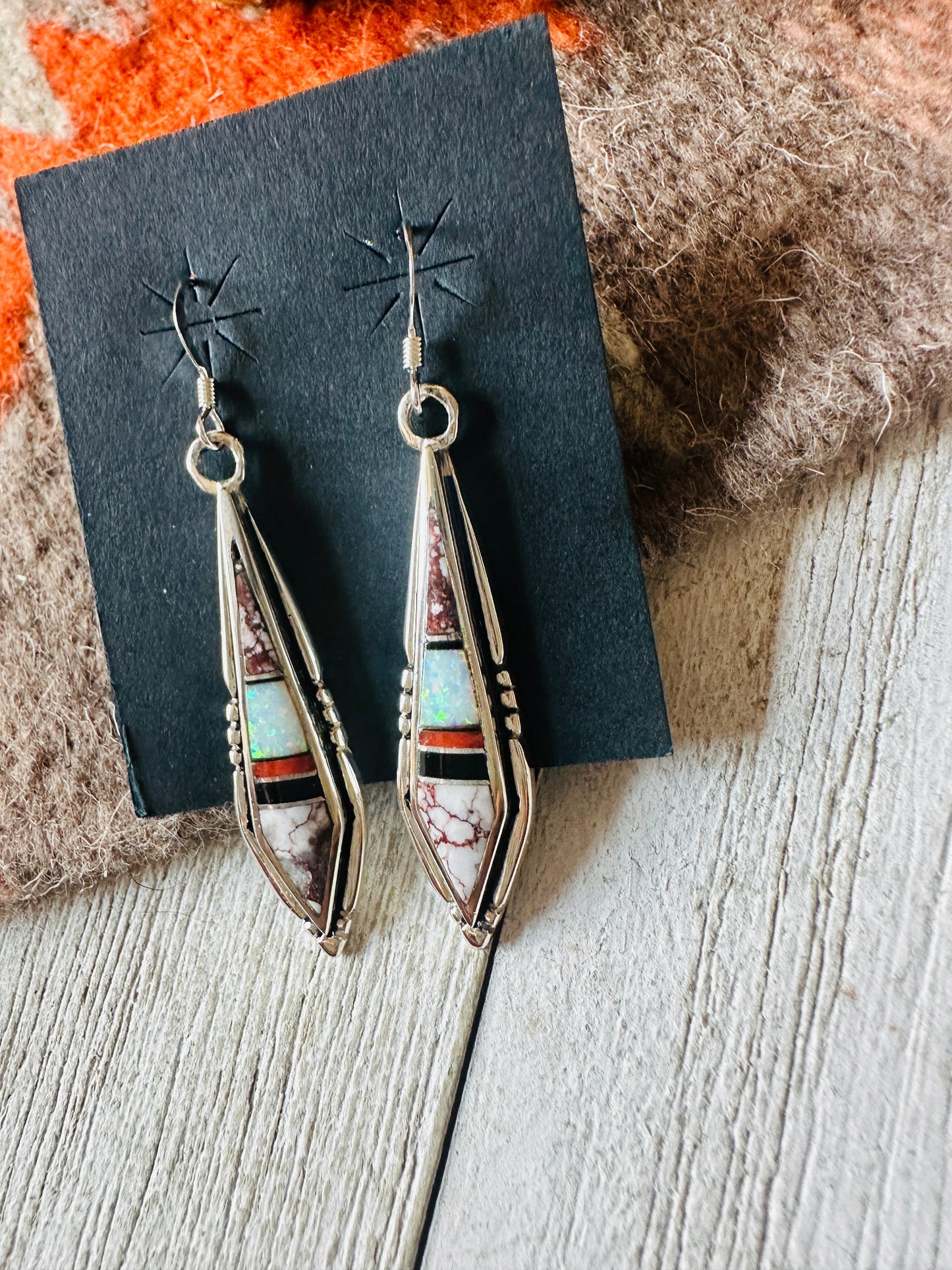 Handcrafted Sterling Silver & Multi Stone Inlay Dangle Earrings