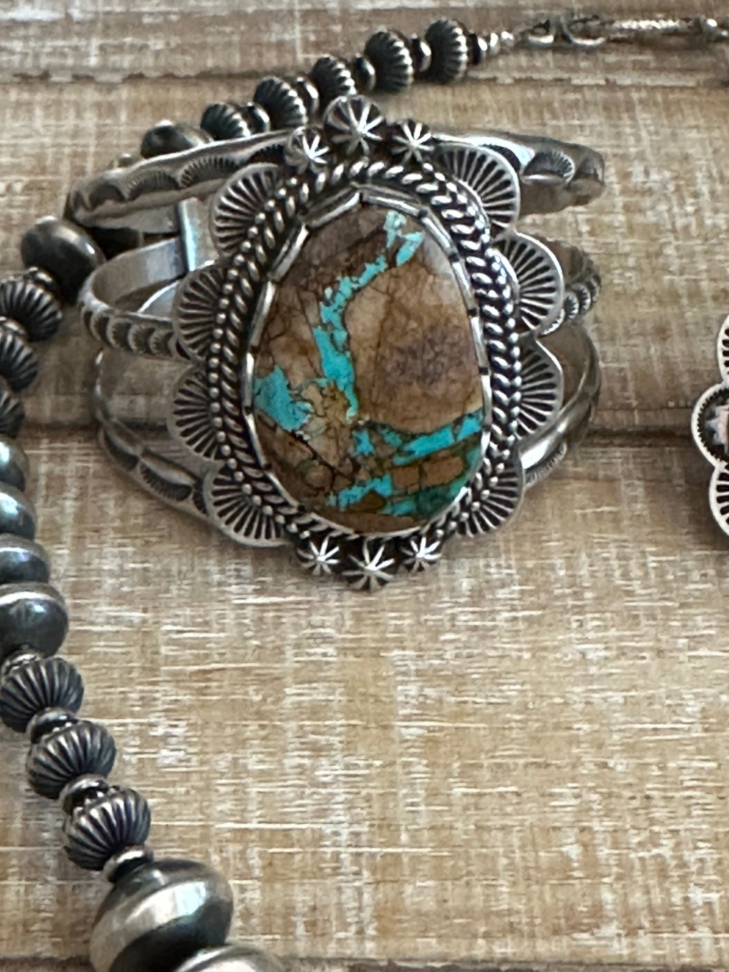 Charles Johnson Handcrafted Ribbon Turquoise & Sterling Silver Necklace, Bracelet and Ring  Set Signed
