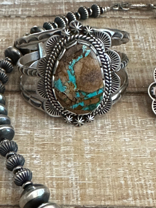 Charles Johnson Handcrafted Ribbon Turquoise & Sterling Silver Necklace, Bracelet and Ring Set Signed