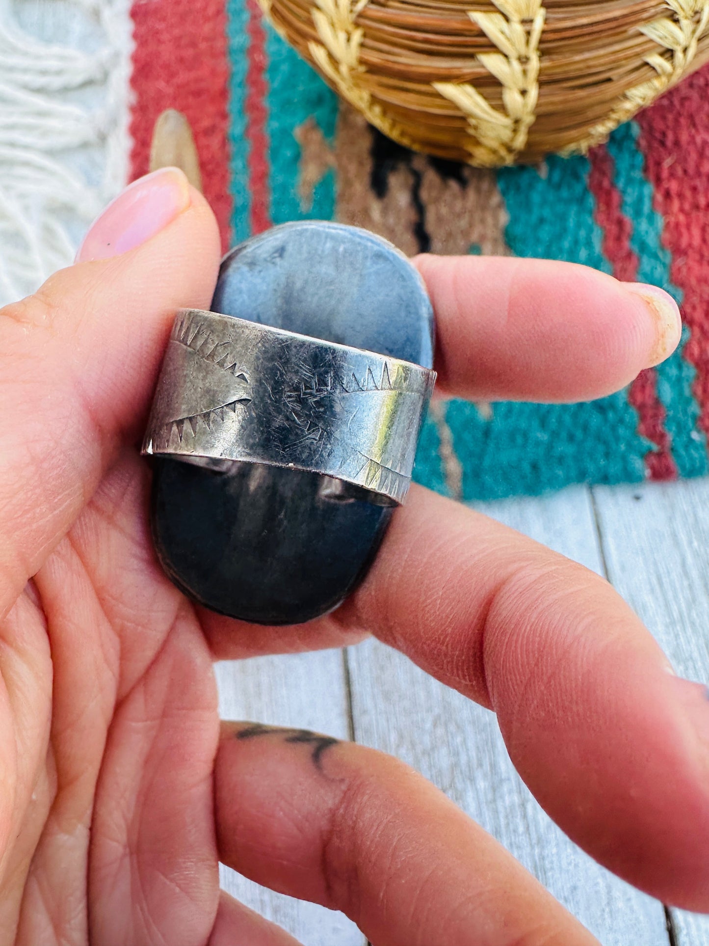 Old Pawn Handcrafted Sterling Silver, Turquoise & Coral Ring Size 11