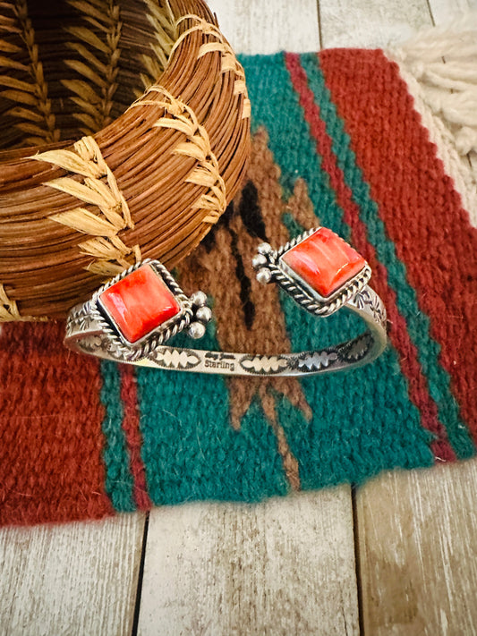 Handcrafted Orange Spiny & Sterling Silver Floating Cuff Bracelet /