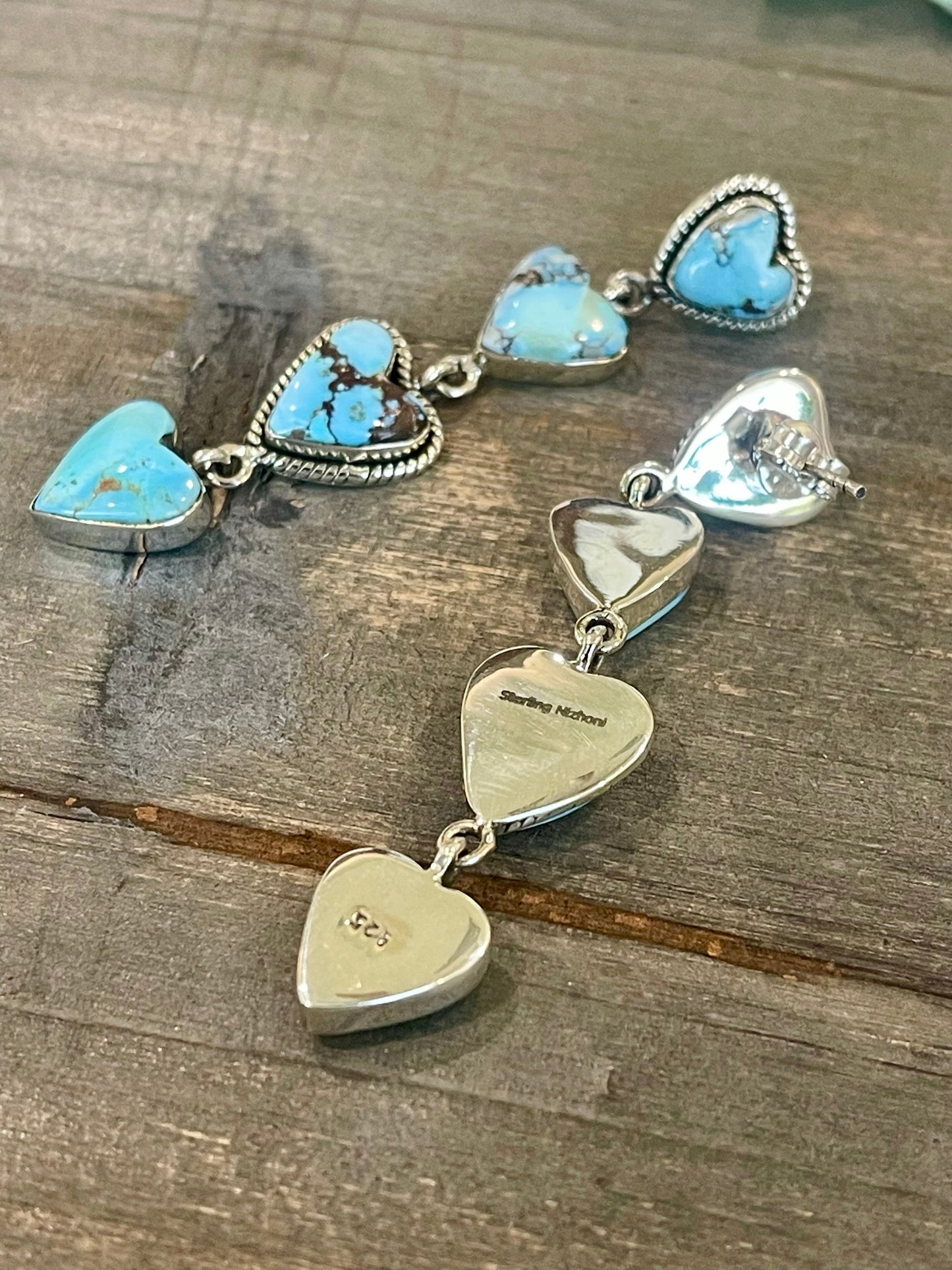 Handmade Golden Hills and Sterling Silver Dangle Heart Earrings