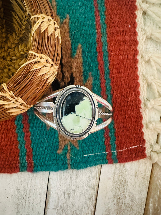 Handcrafted New Lander Turquoise & Sterling Silver Cuff Bracelet by Wydell Billie