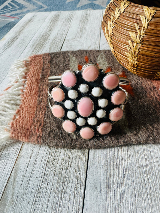 Handcrafted Queen Pink Conch, White Buffalo & Sterling Silver Cluster Cuff Bracelet