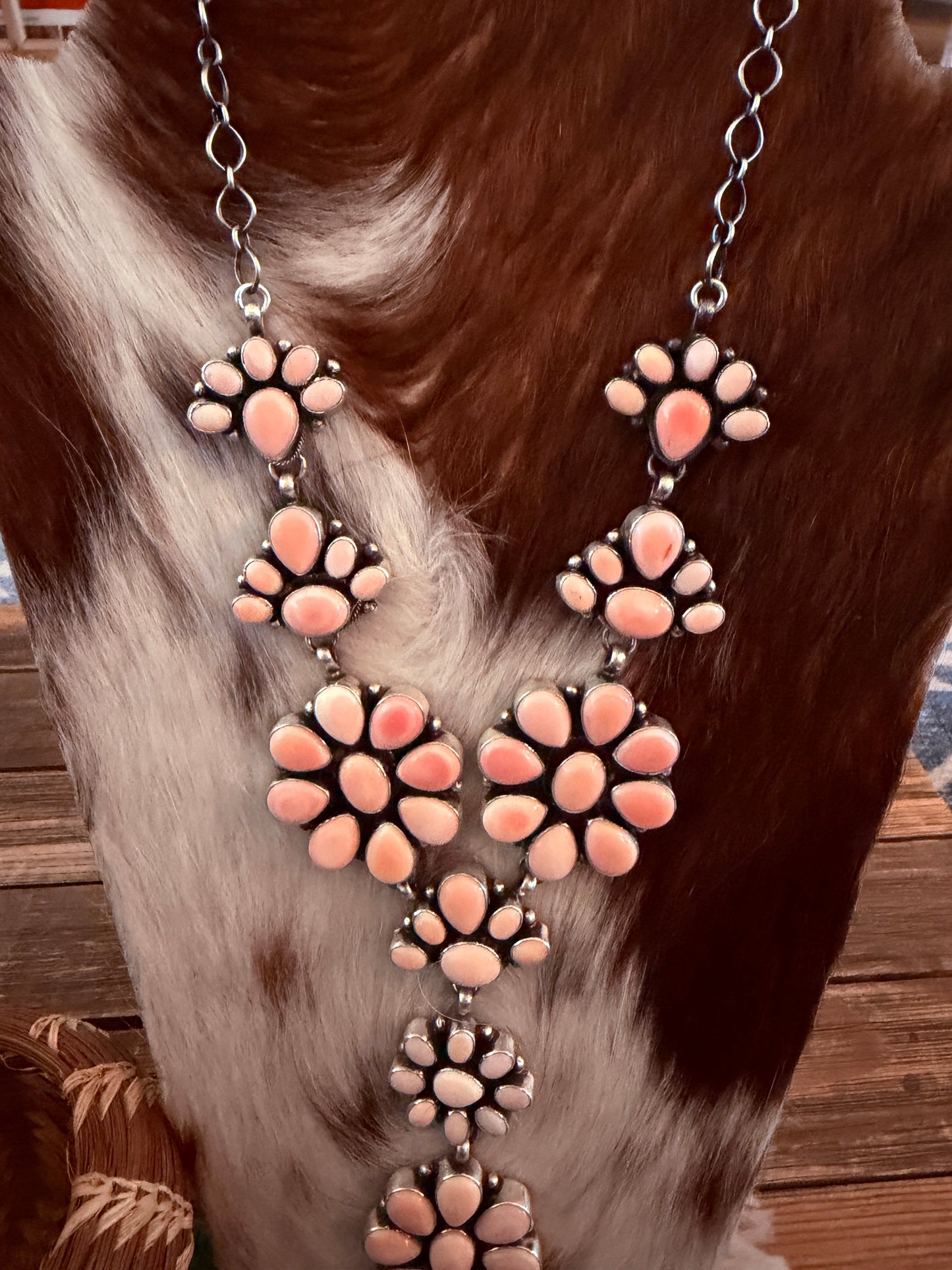 Handcrafted Queen Pink Conch & Sterling Silver Cluster Necklace and Earring Set