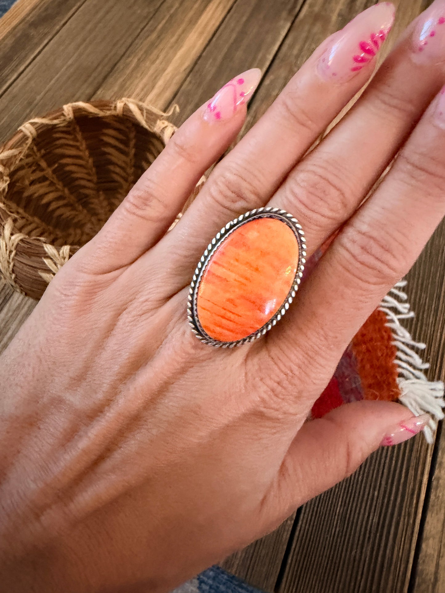 Handcrafted Orange Spiny Oyster & Sterling Silver Adjustable Ring