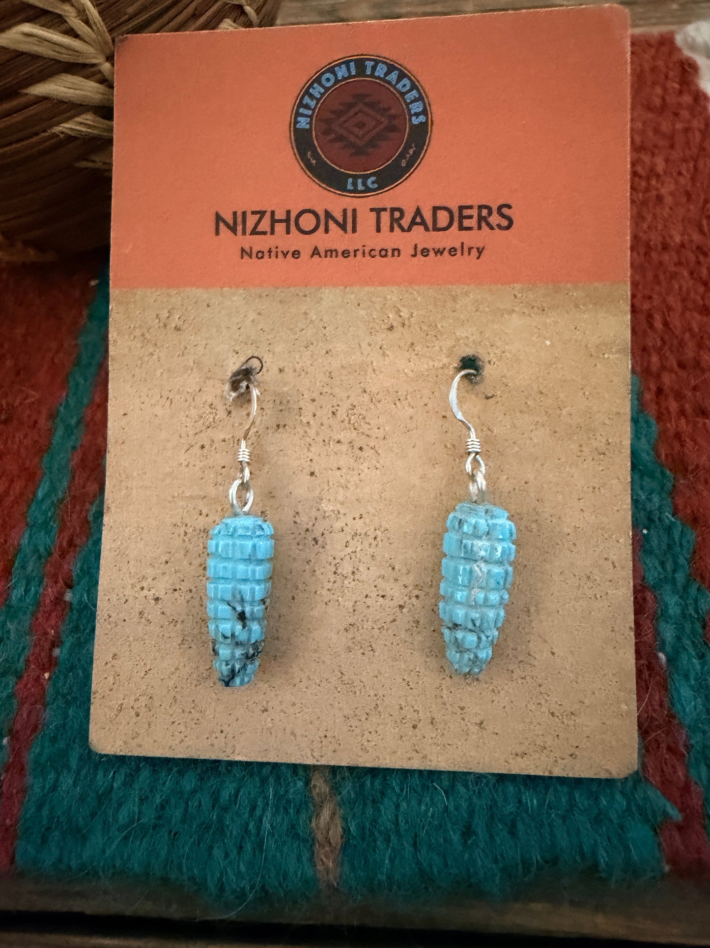 Hand Carved Turquoise Corn Dangle Earrings by Daniel Aguilar