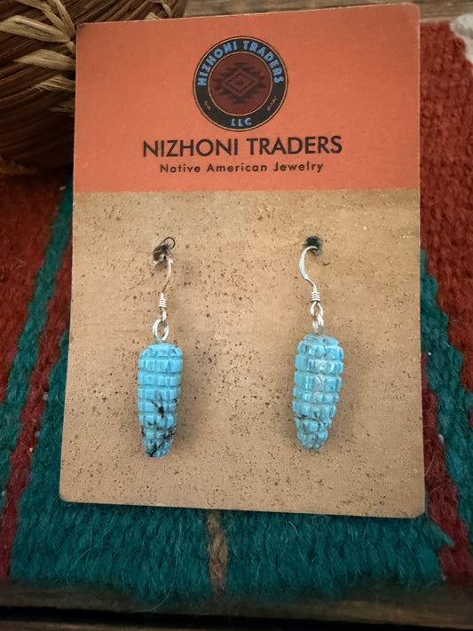Hand Carved Turquoise Corn Dangle Earrings by Daniel Aguilar