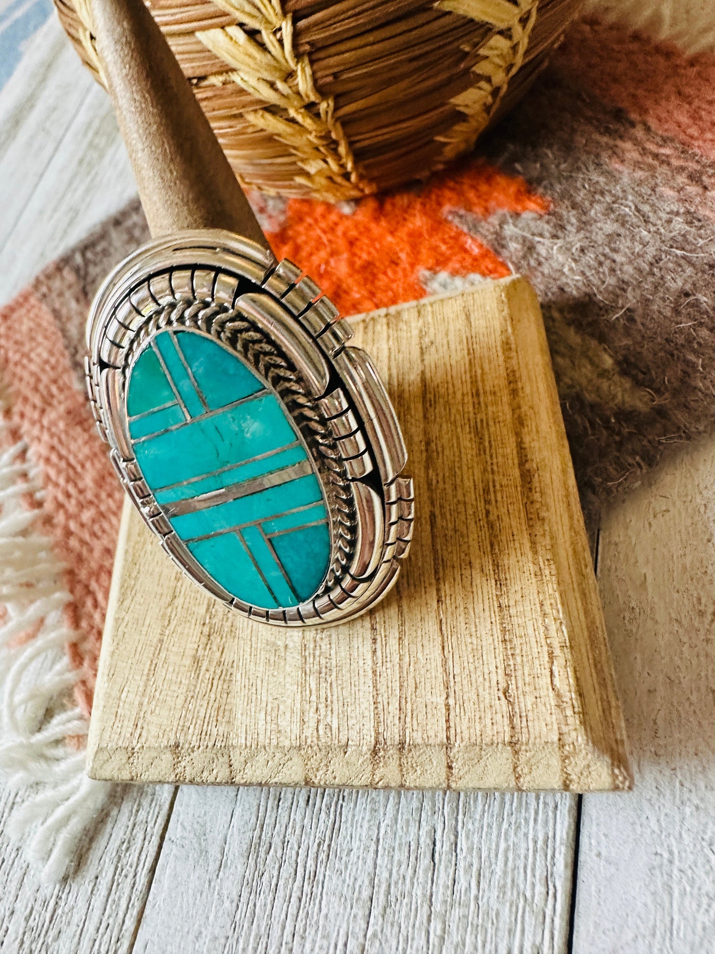 Handcrafted Sterling Silver & Turquoise Inlay Adjustable Ring