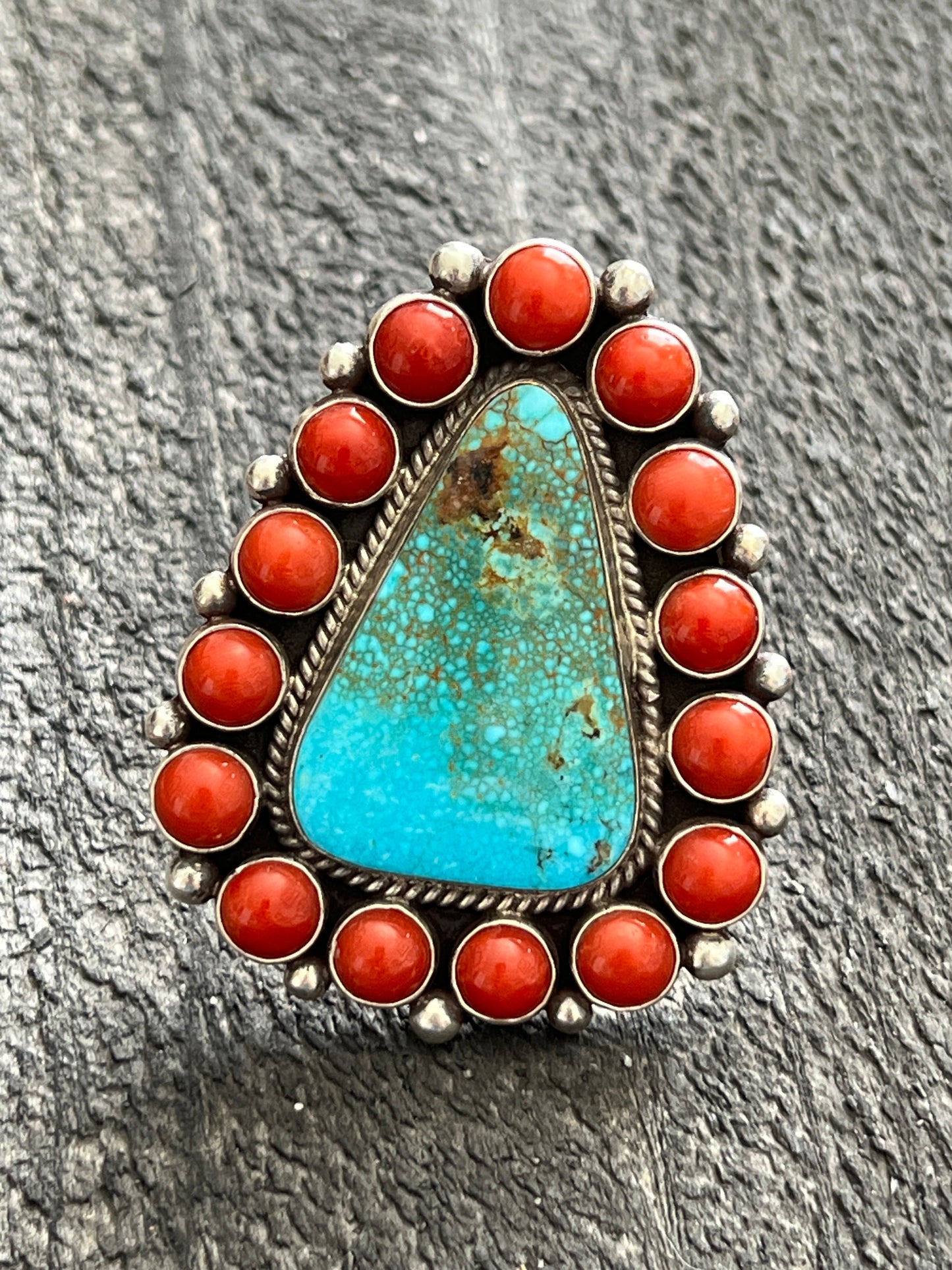 Handcrafted Sterling Silver, Kingman Turquoise and Mediterranean Coral Cluster Ring By Tyler Brown, Adjustable