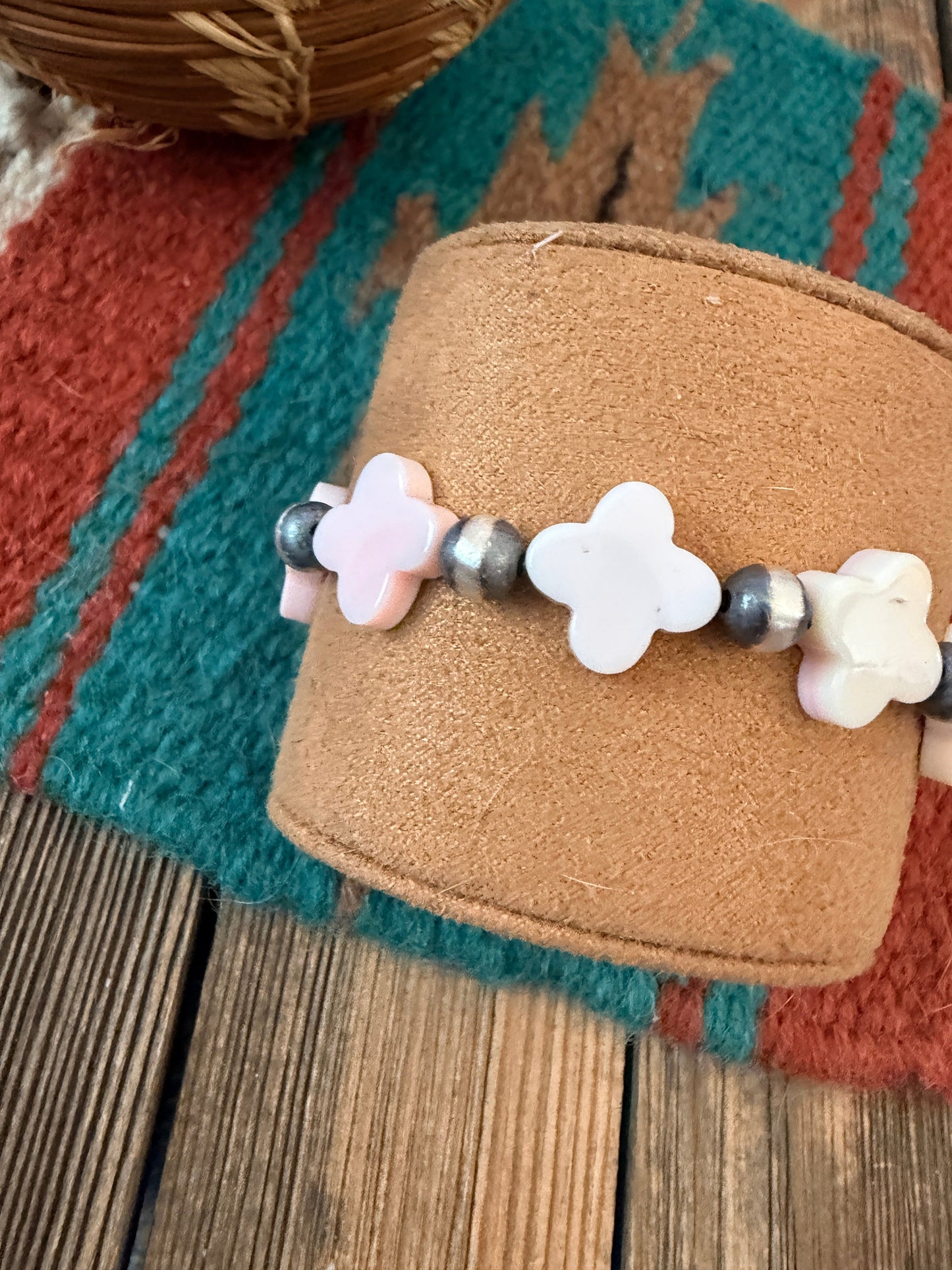 Handcrafted Queen Pink Conch & Sterling Silver Pearl Cross Beaded Stretch Bracelet