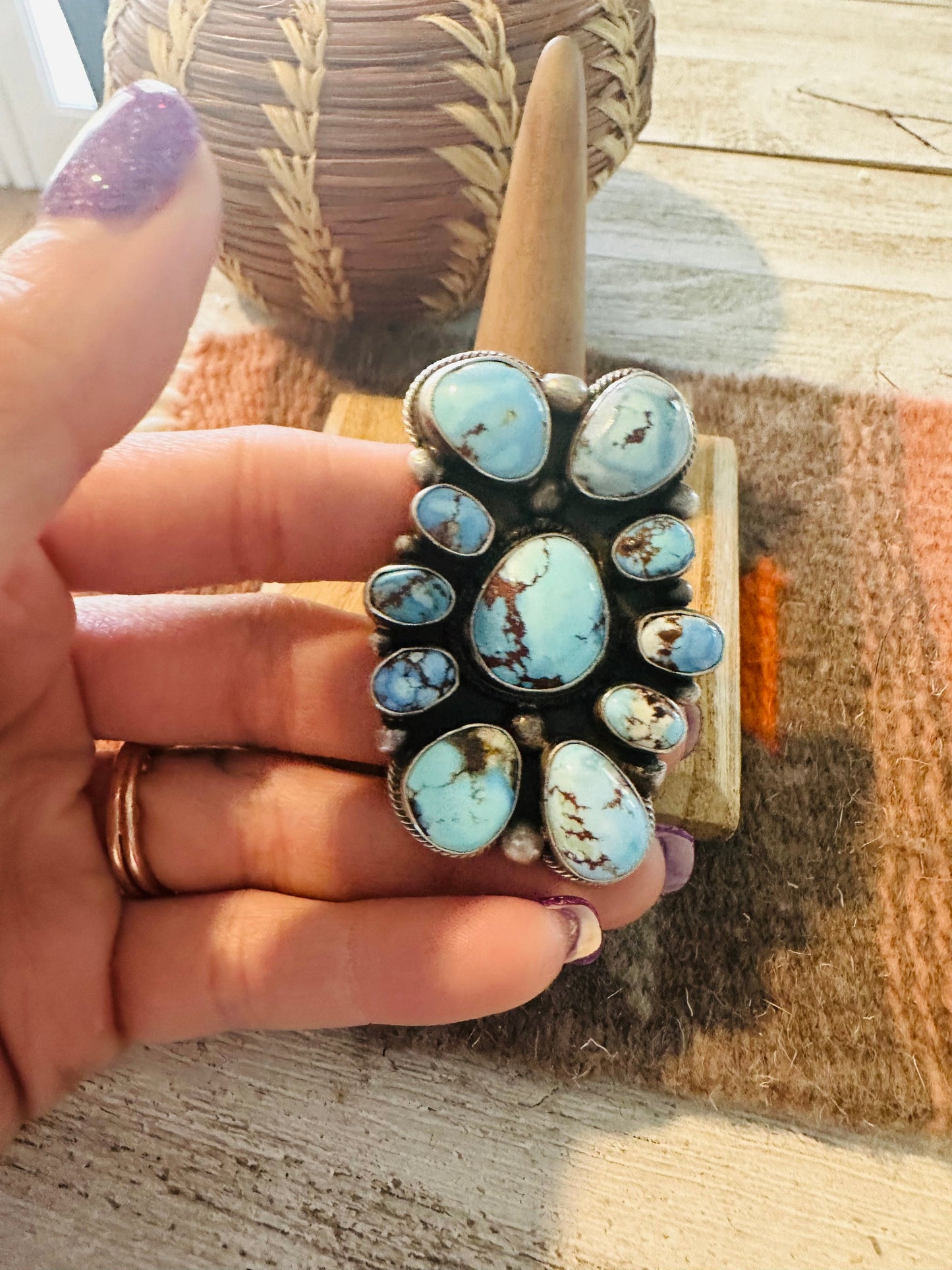 Navajo Golden Hills Turquoise & Sterling Silver Cluster Ring Size 8