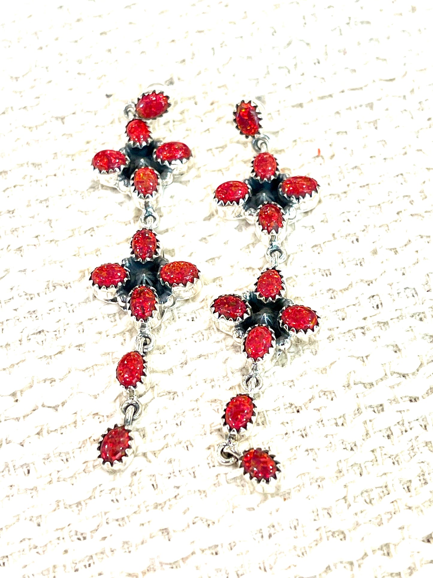 ** 4TH OF JULY ** Handmade Sterling Silver Synthetic Opal Dangle  Earrings with Signed Nizhoni