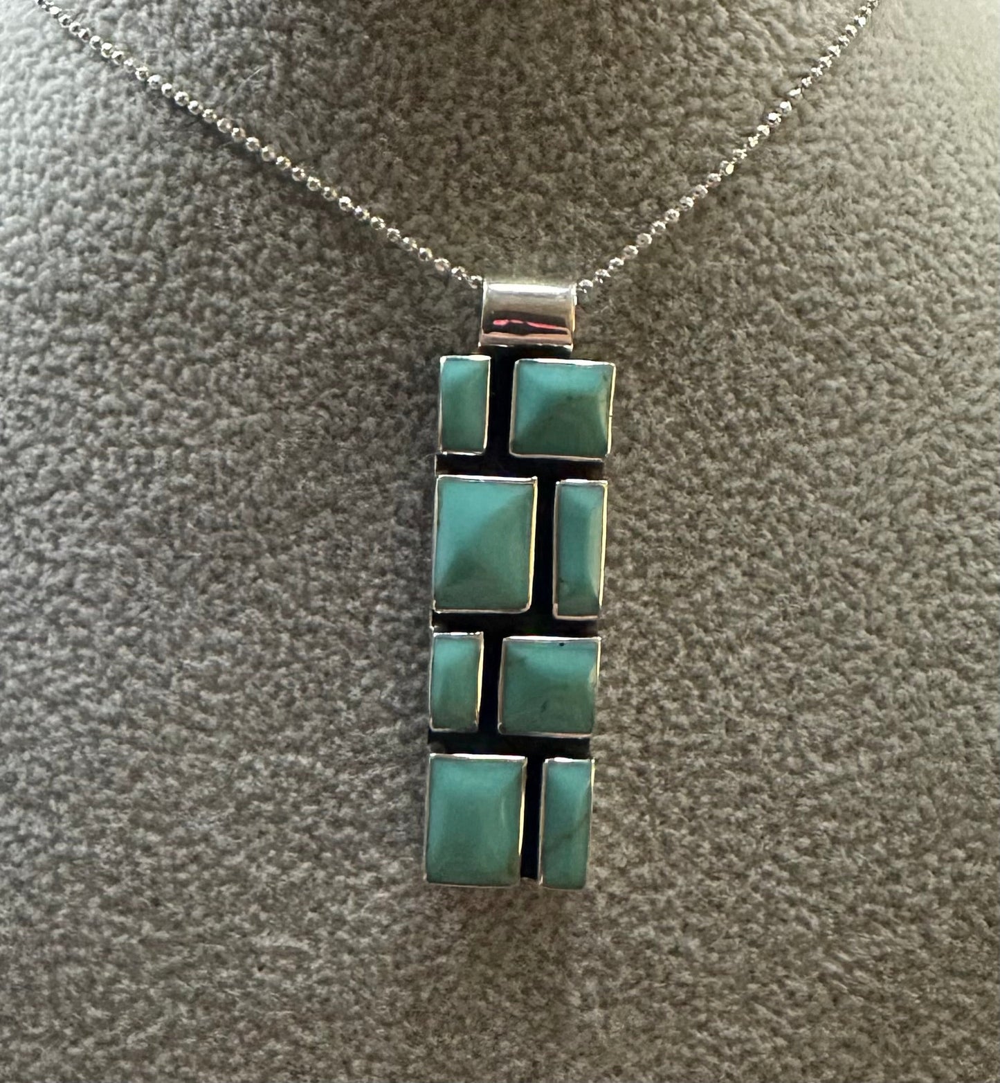 Slim Turquoise Mosaic Sterling Silver Pendant Necklace