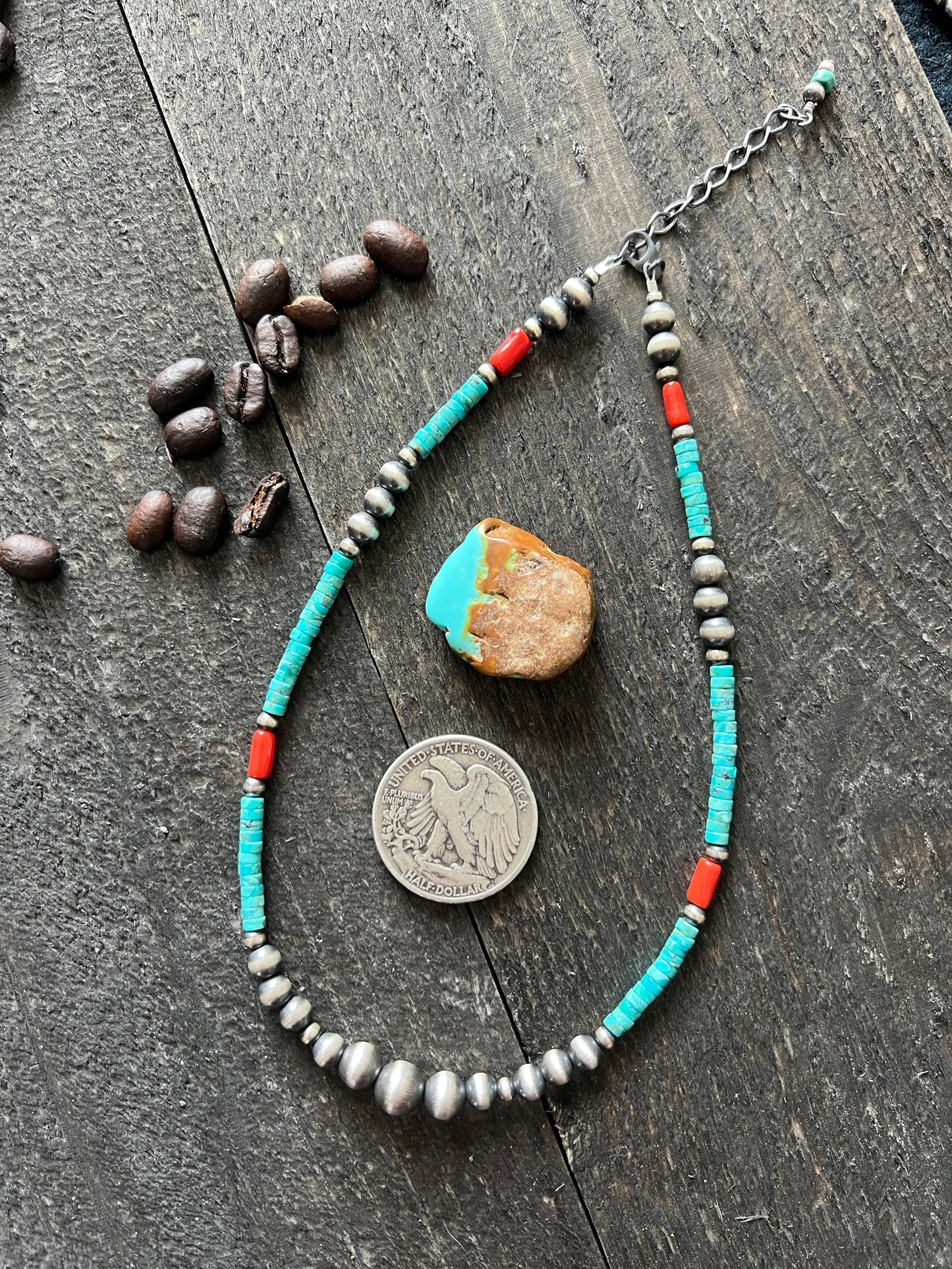 Handcrafted Summer Lovin’ Beaded Layering Necklace with Sterling Silver, Turquoise and Mediterranean Coral, 14” + 2”, The Beach Cruiser