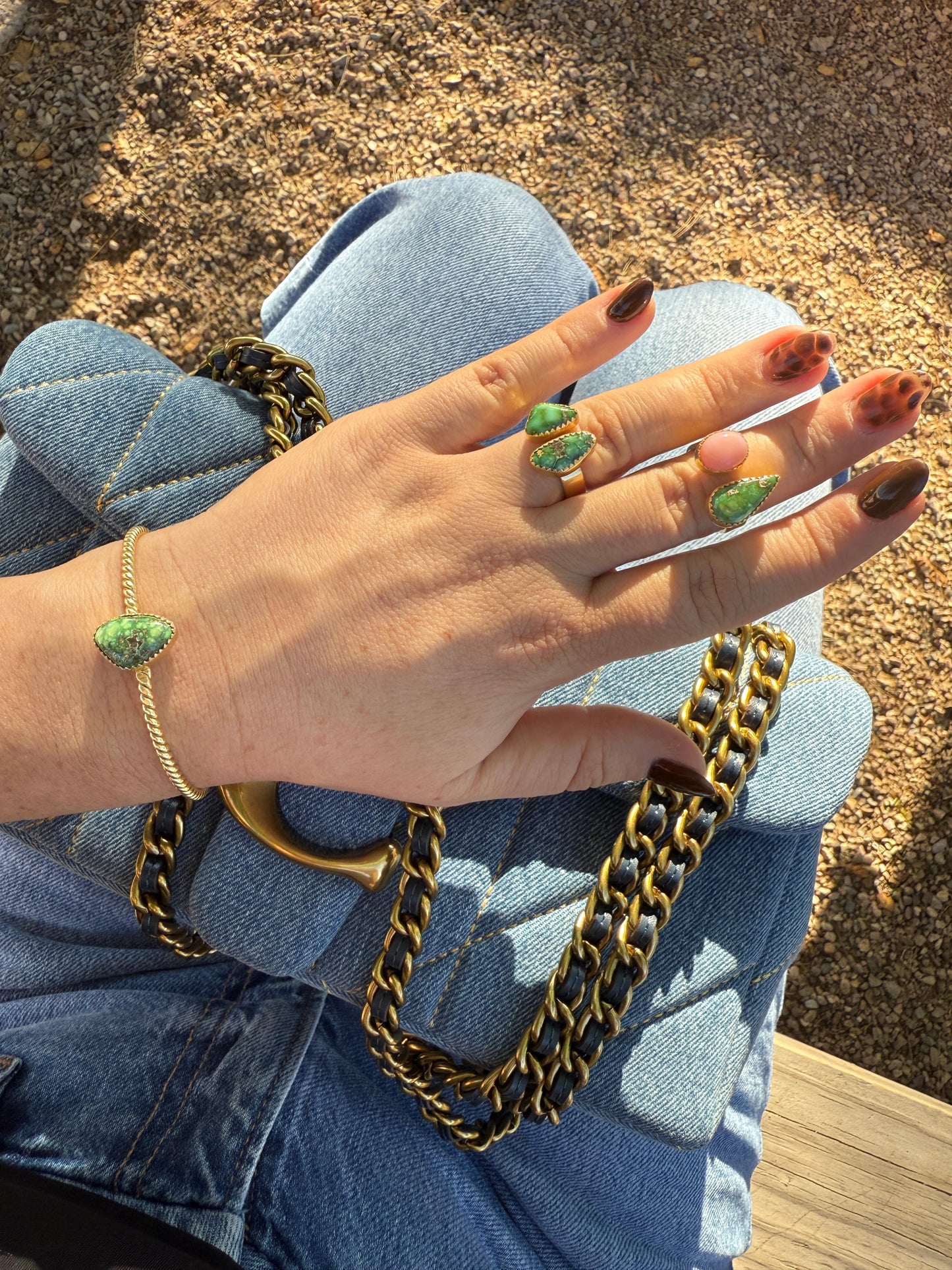 “The Golden Collection” Handmade Gold Plated Sterling Silver Natural Sonoran Mountain Turquoise Twisted Cuff Bracelet