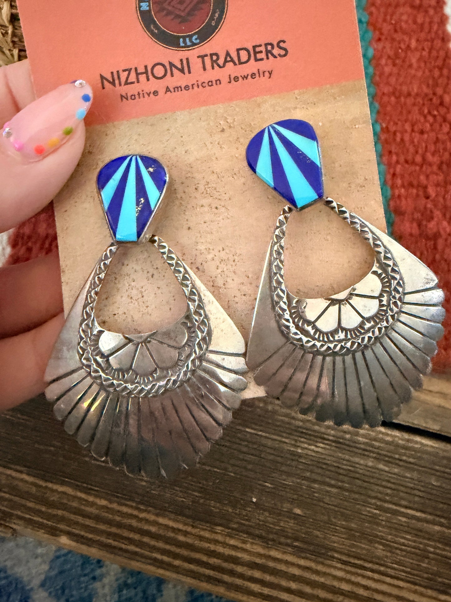 Handcrafted Old Pawn Turquoise, Lapis & Sterling Silver Inlay Concho Dangle Earrings