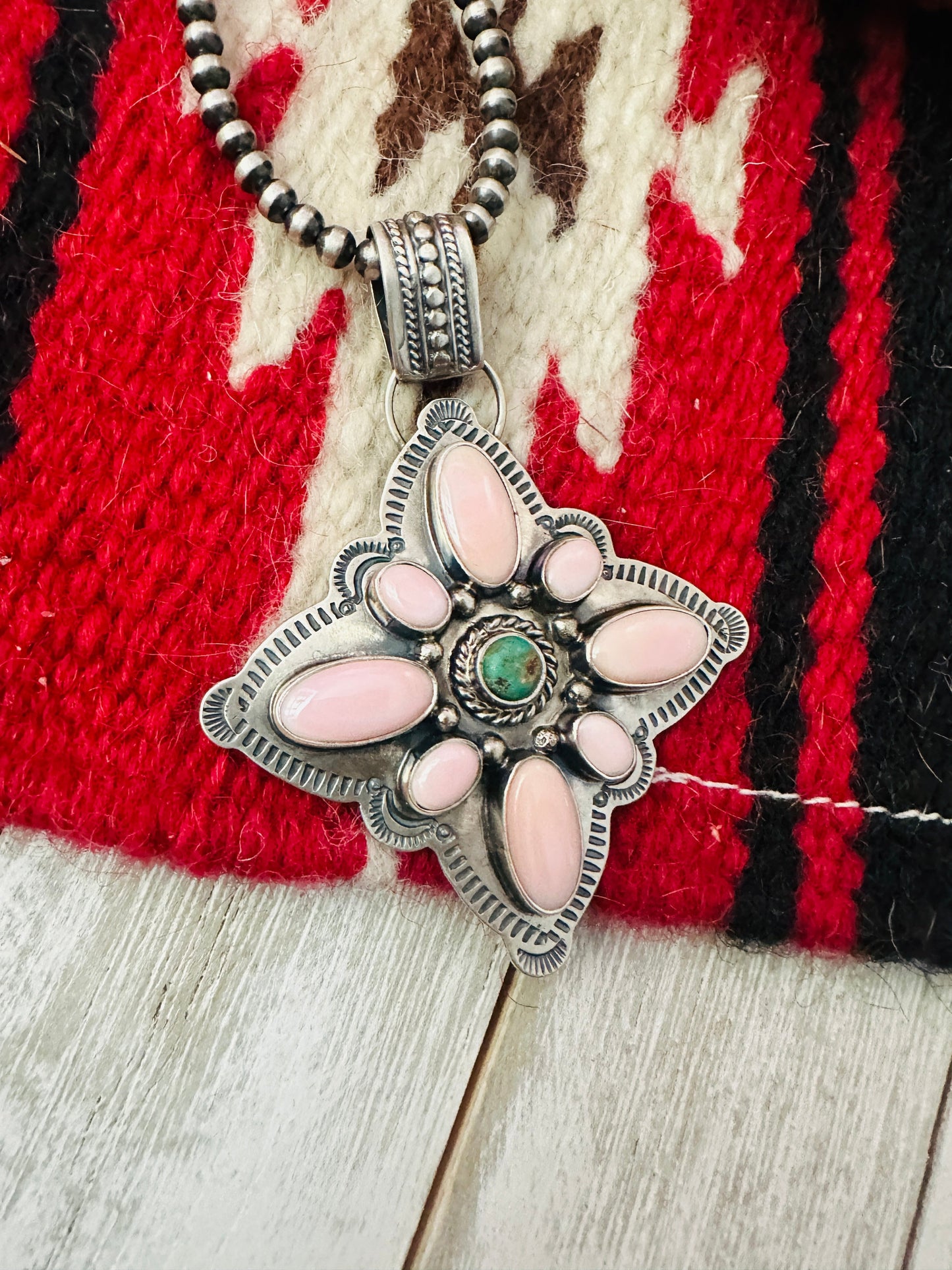 Handcrafted Sterling Silver, Queen Pink Conch & Turquoise Cluster Pendant