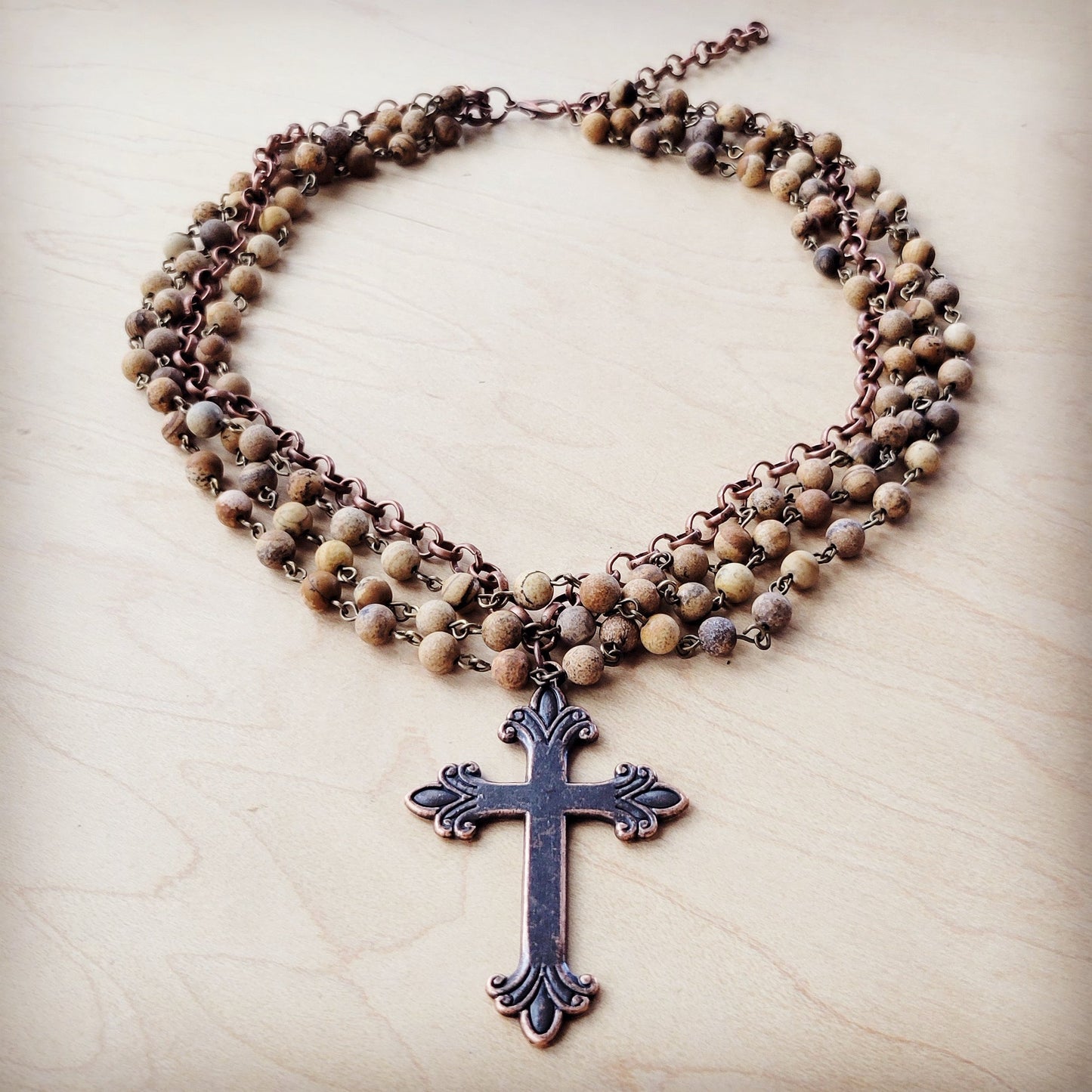 Picture Jasper Beaded Collar Necklace w/ Cross Pendant 261b